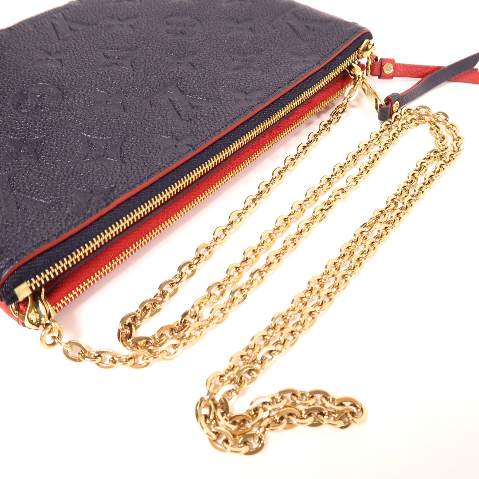 LOUIS VUITTON Monogram Empreinte Pochette Double Zip金扣鏈帶肩背袋深藍色/紅色