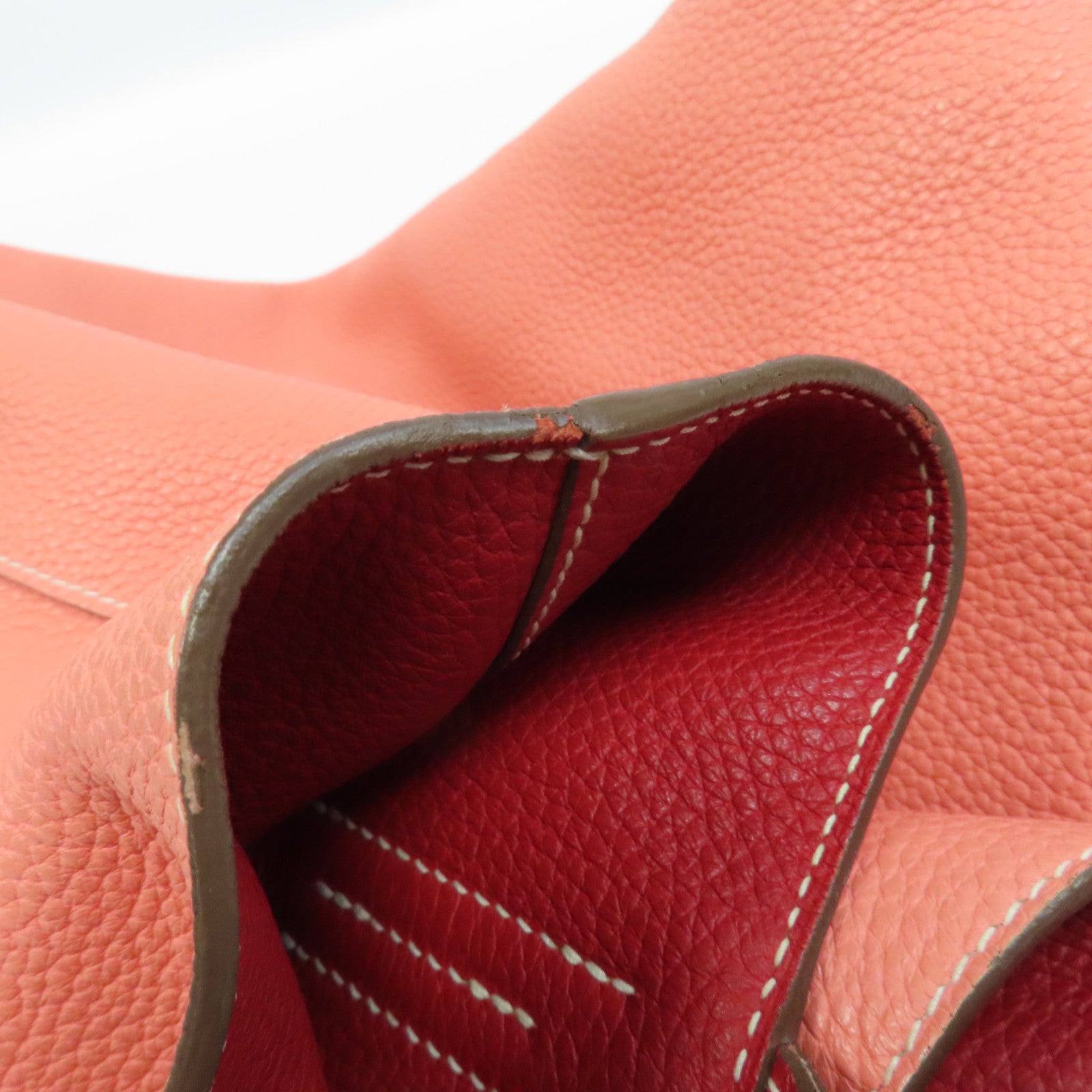 HERMES Clemence皮革Double Sens手挽袋Crevette/淺橙色/Rouge Casaque/紅色