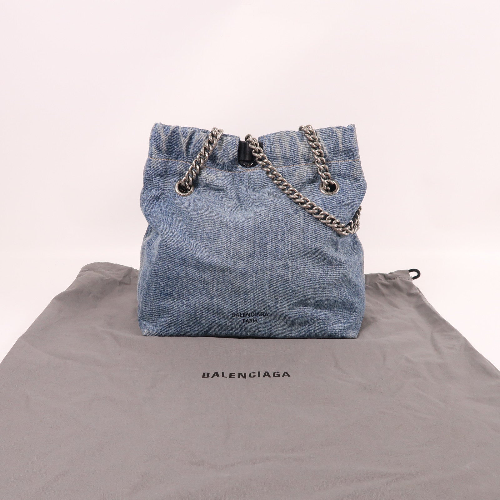 BALENCIAGA 牛仔布Crush銀扣鏈帶肩背袋藍色