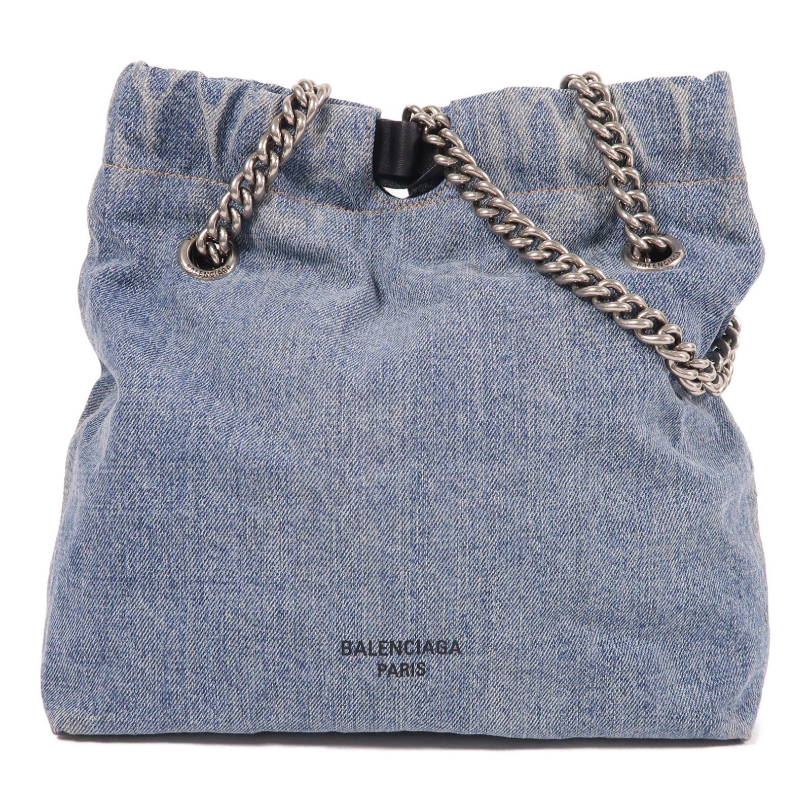 BALENCIAGA 牛仔布Crush銀扣鏈帶肩背袋藍色