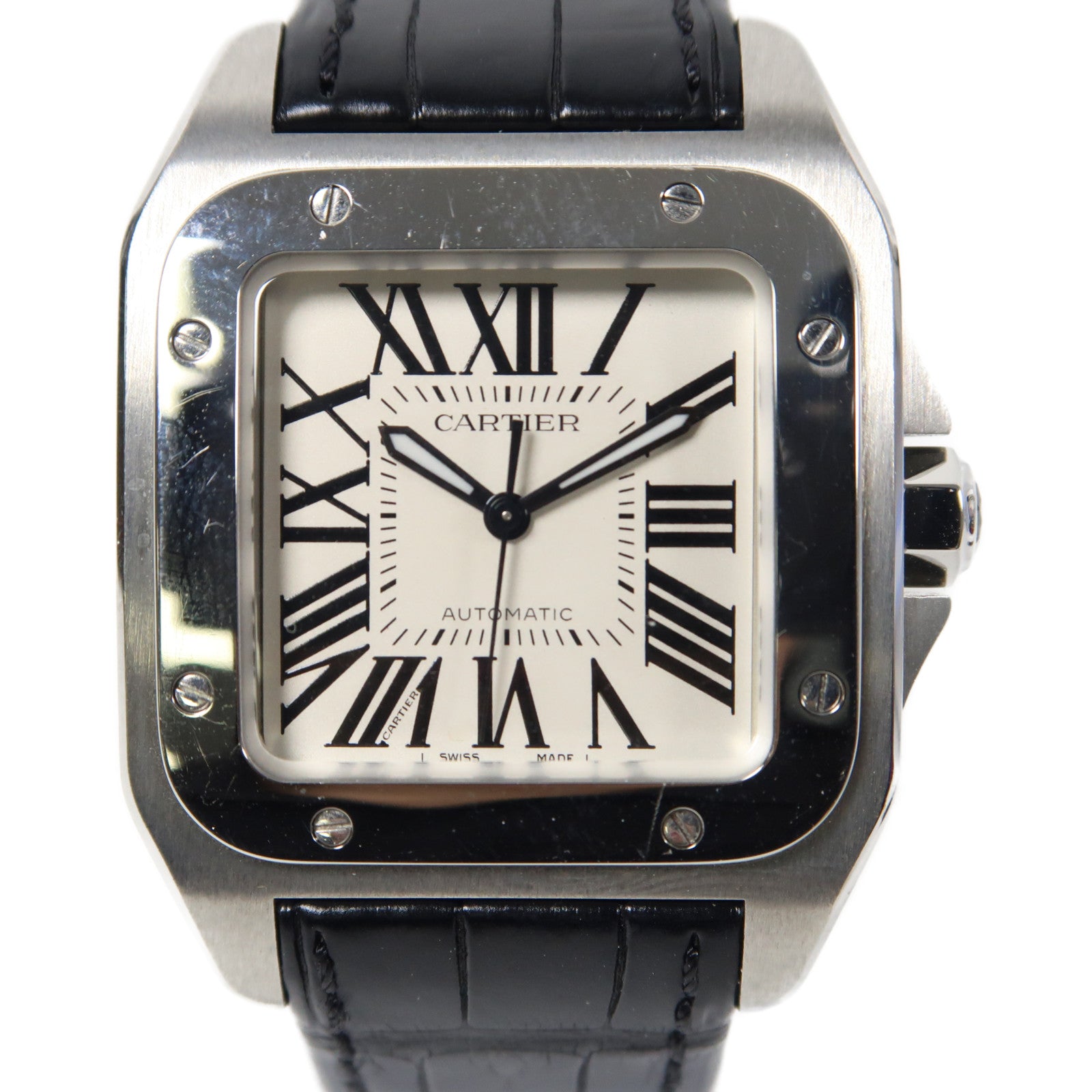 CARTIER Santos 100不鏽鋼/皮革手錶自動機芯白色