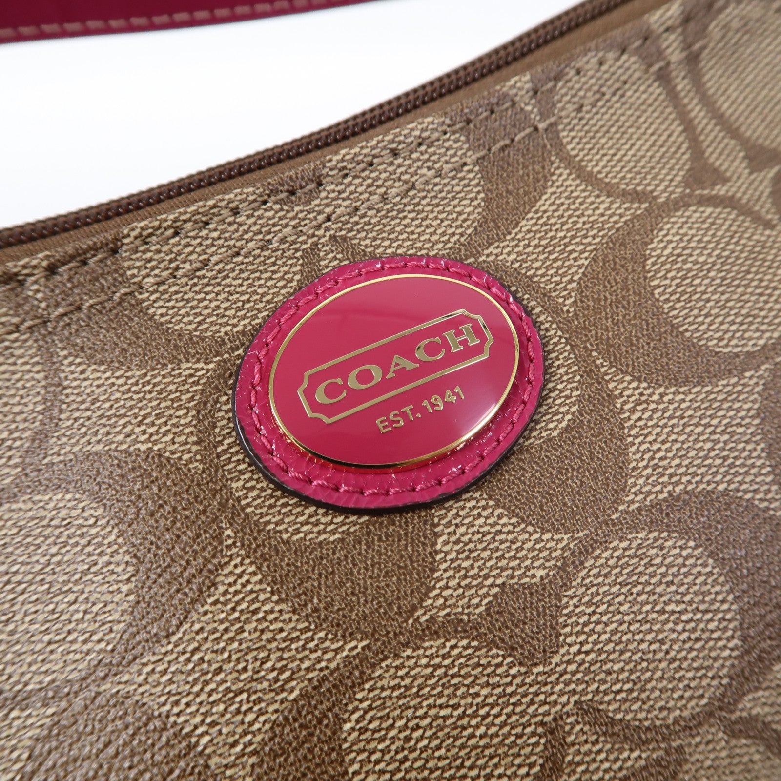 COACH 塗層帆布Shoulder Bag金扣肩背袋啡色/粉紅色