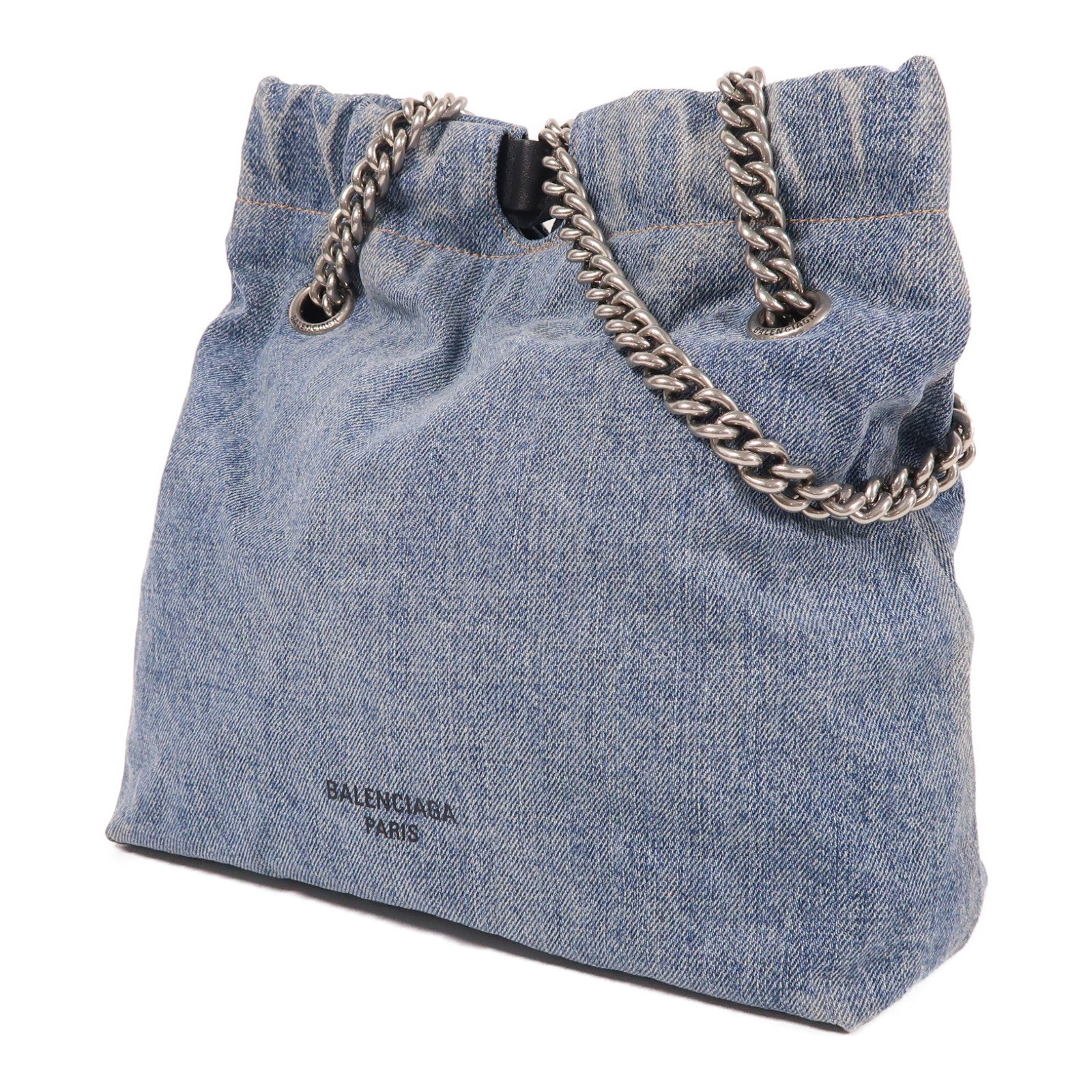 BALENCIAGA 牛仔布Crush銀扣鏈帶肩背袋藍色