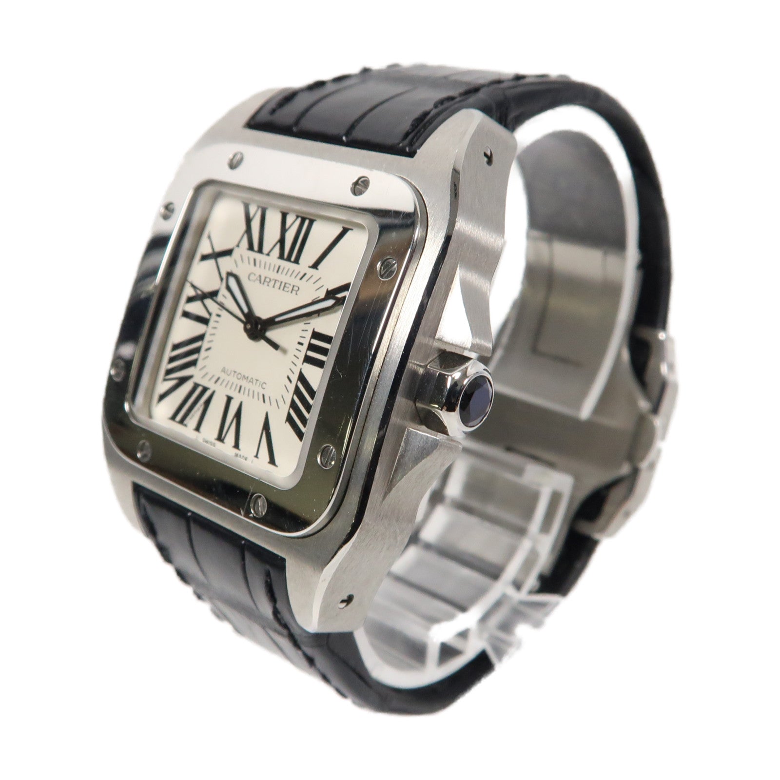 CARTIER Santos 100不鏽鋼/皮革手錶自動機芯白色