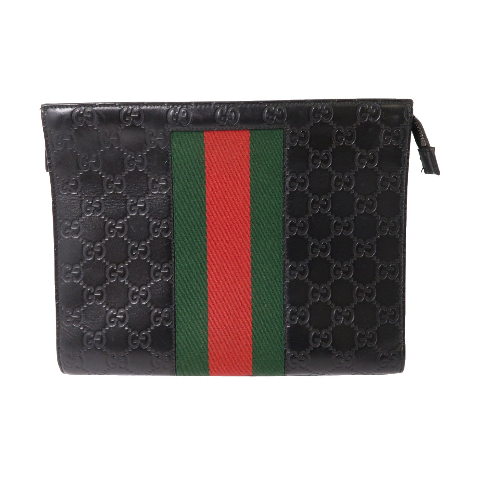 GUCCI 牛皮皮革GG Supreme Web Pouch銀扣手拿包黑色