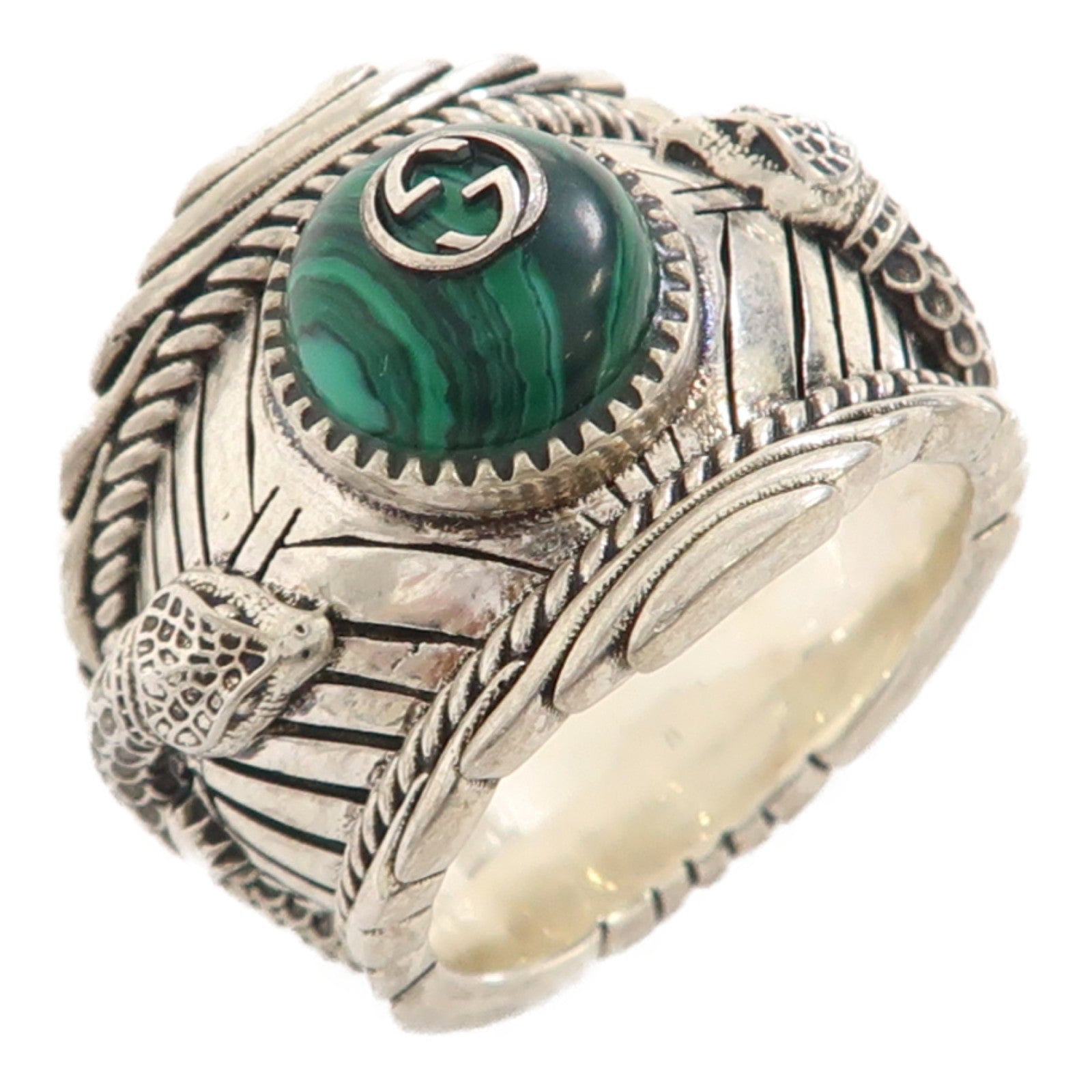 GUCCI 925純銀Garden Snake Ring戒指銀色/綠色US#10