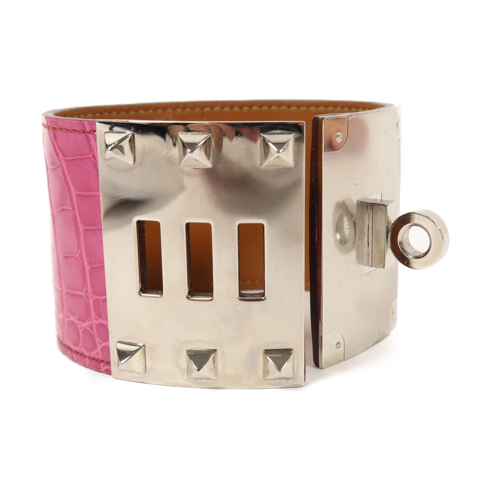 HERMES 鱷魚皮革Kelly Dog Extreme Bracelet銀扣手鐲＃S粉紅色