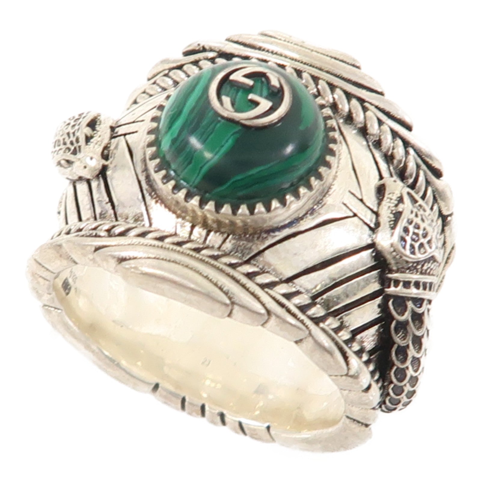 GUCCI 925純銀Garden Snake Ring戒指銀色/綠色US#10