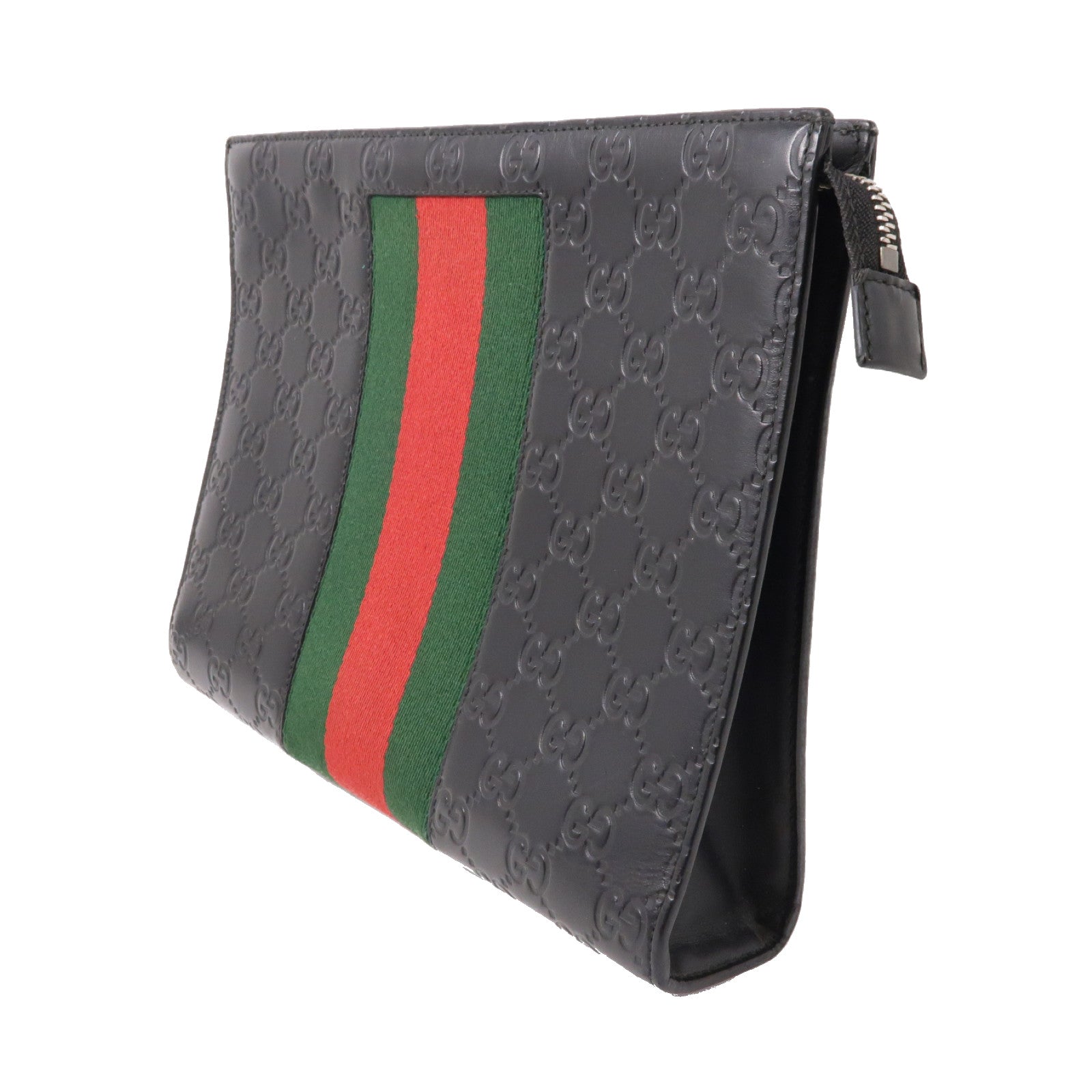 GUCCI 牛皮皮革GG Supreme Web Pouch銀扣手拿包黑色