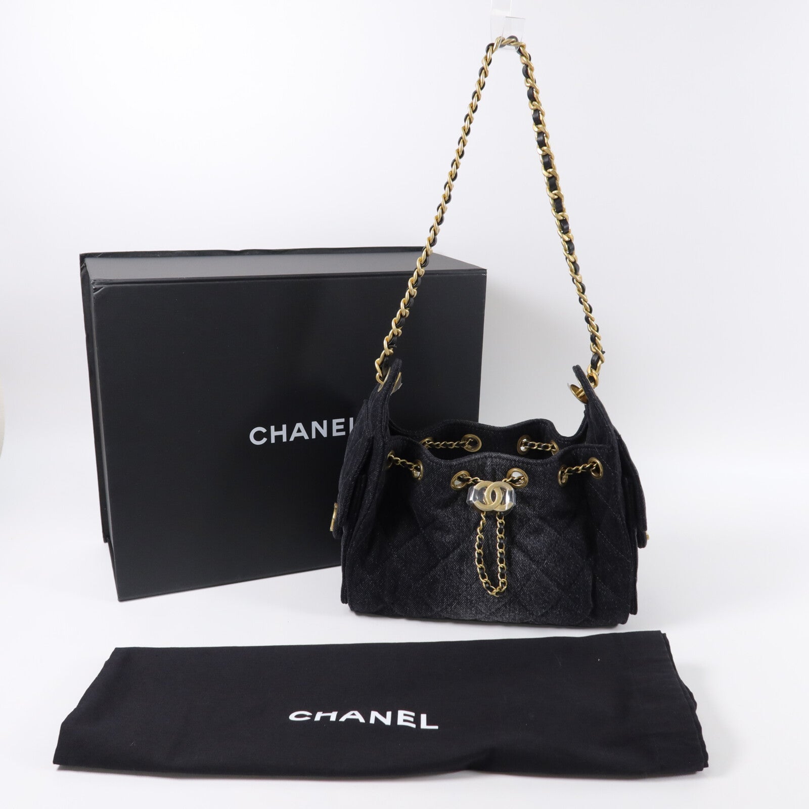 CHANEL 牛仔布Chanel 25 Mini鏈帶肩背袋