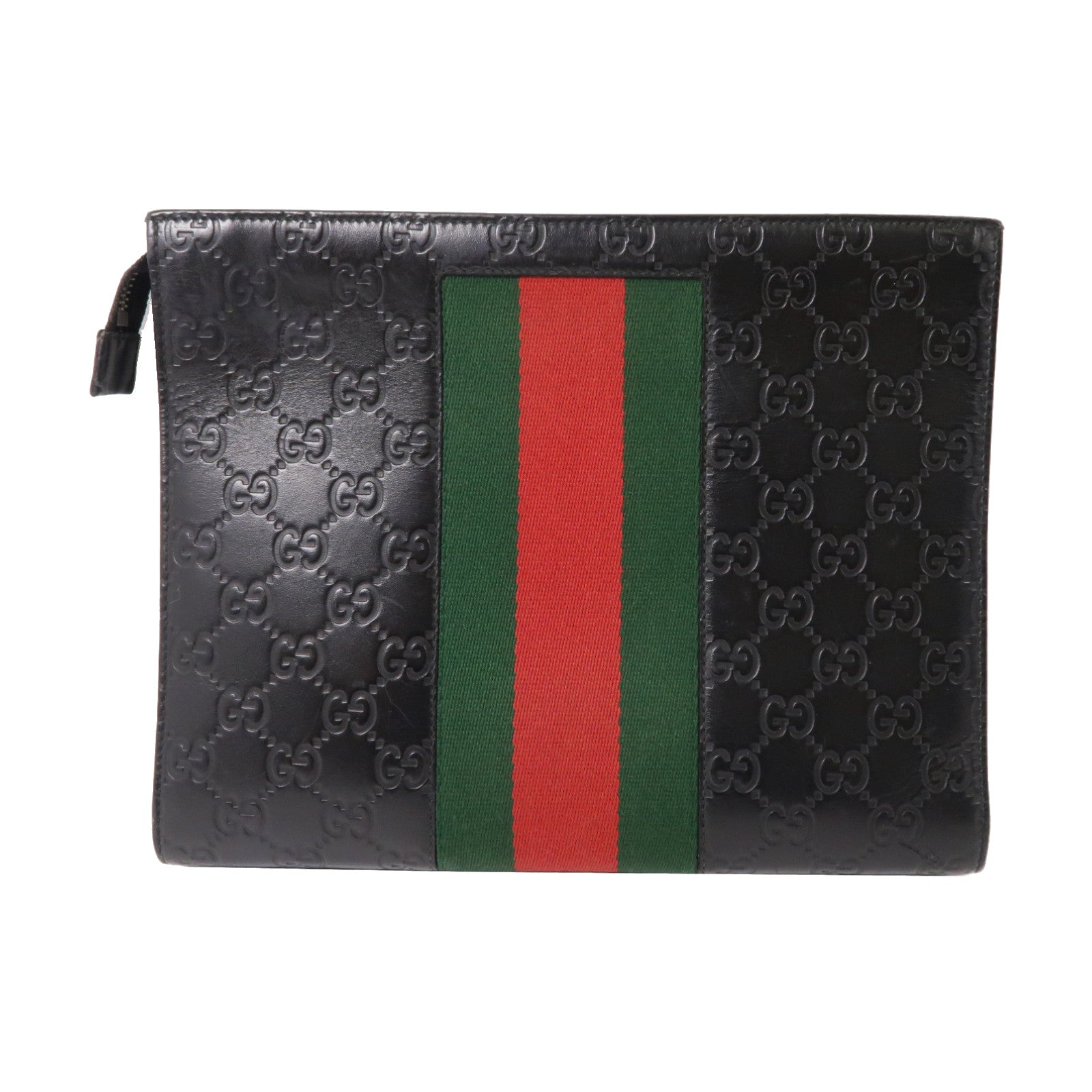 GUCCI 牛皮皮革GG Supreme Web Pouch銀扣手拿包黑色