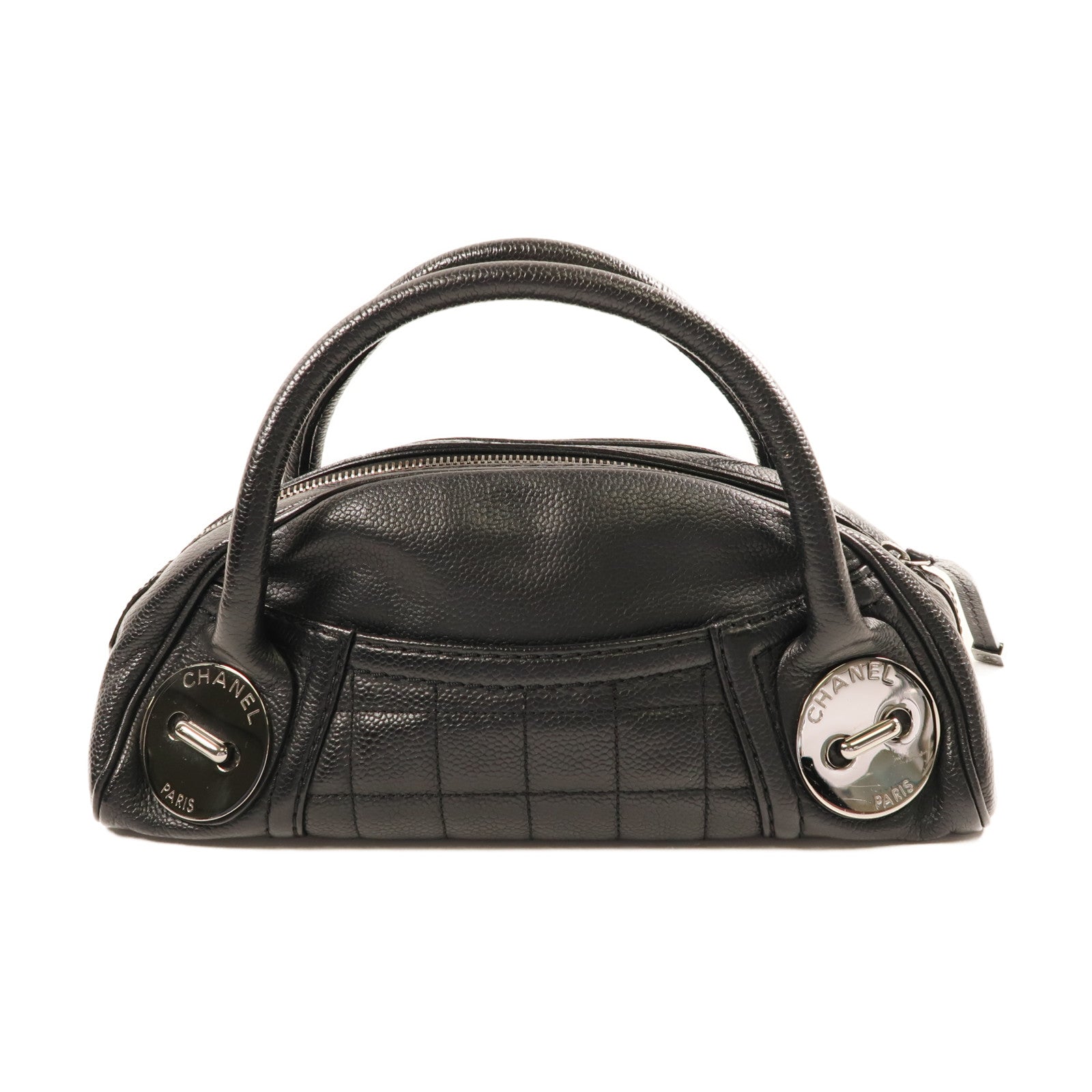 CHANEL 牛皮皮革Handbag銀扣手挽袋黑色