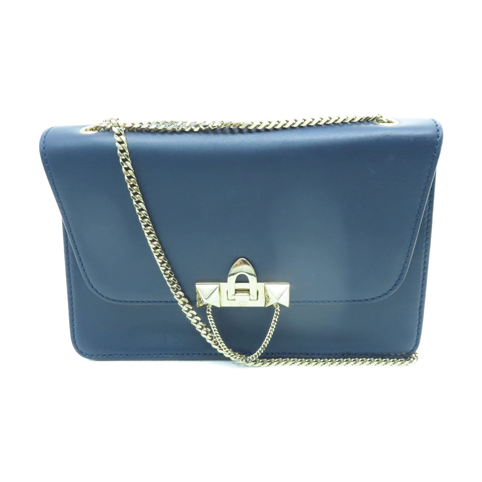 Valentino 【激減優惠】羊皮皮革Chain Shoulder金扣鏈帶肩背袋海軍藍色