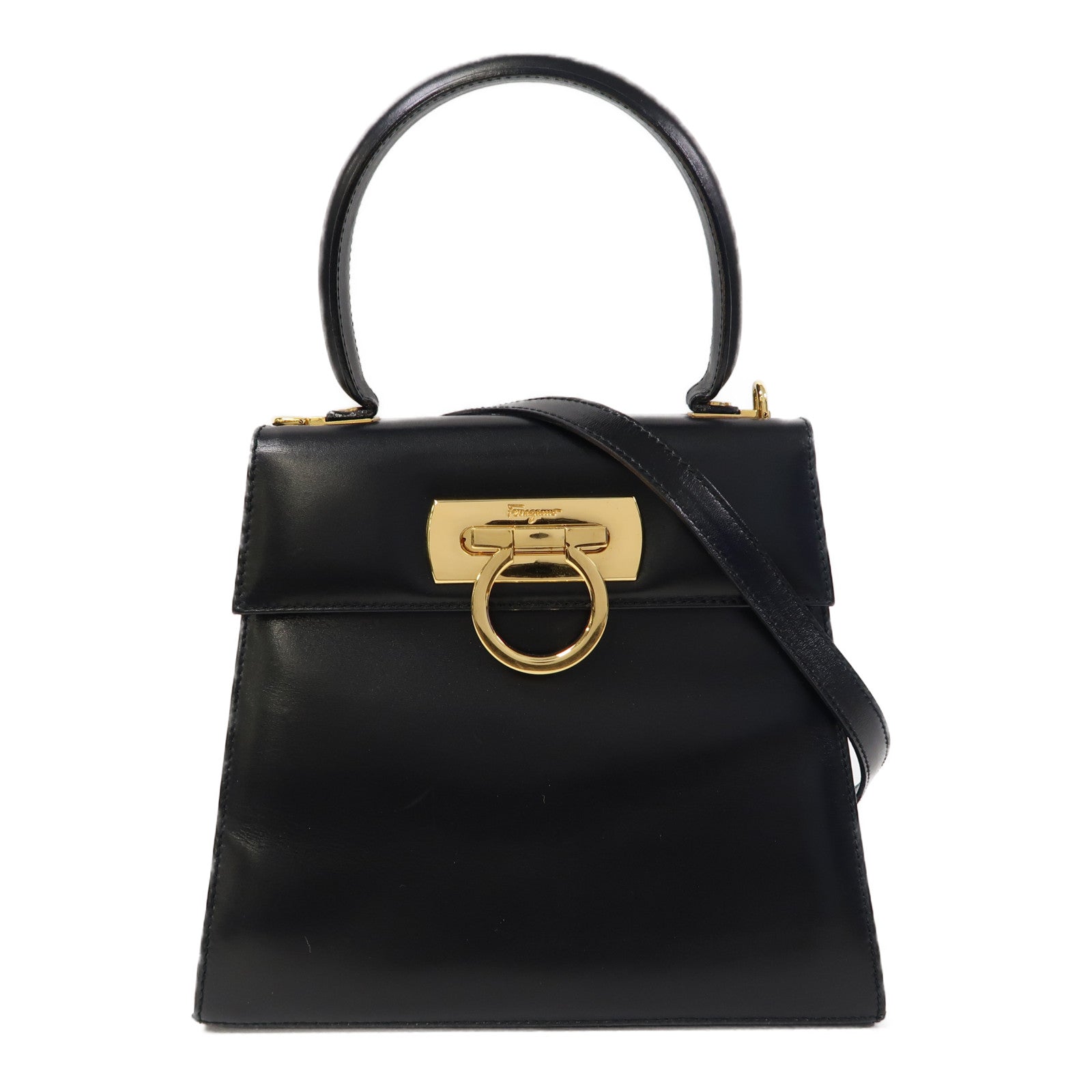 Salvatore Ferragamo 牛皮皮革Small Top Handle金扣手挽肩背兩用袋黑色