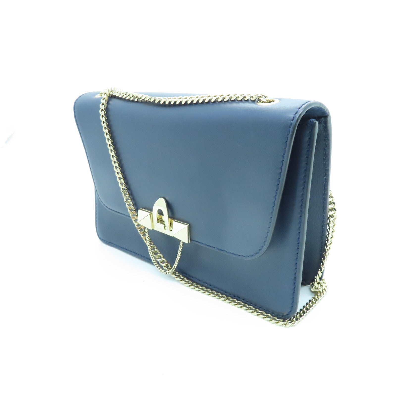 Valentino 【激減優惠】羊皮皮革Chain Shoulder金扣鏈帶肩背袋海軍藍色