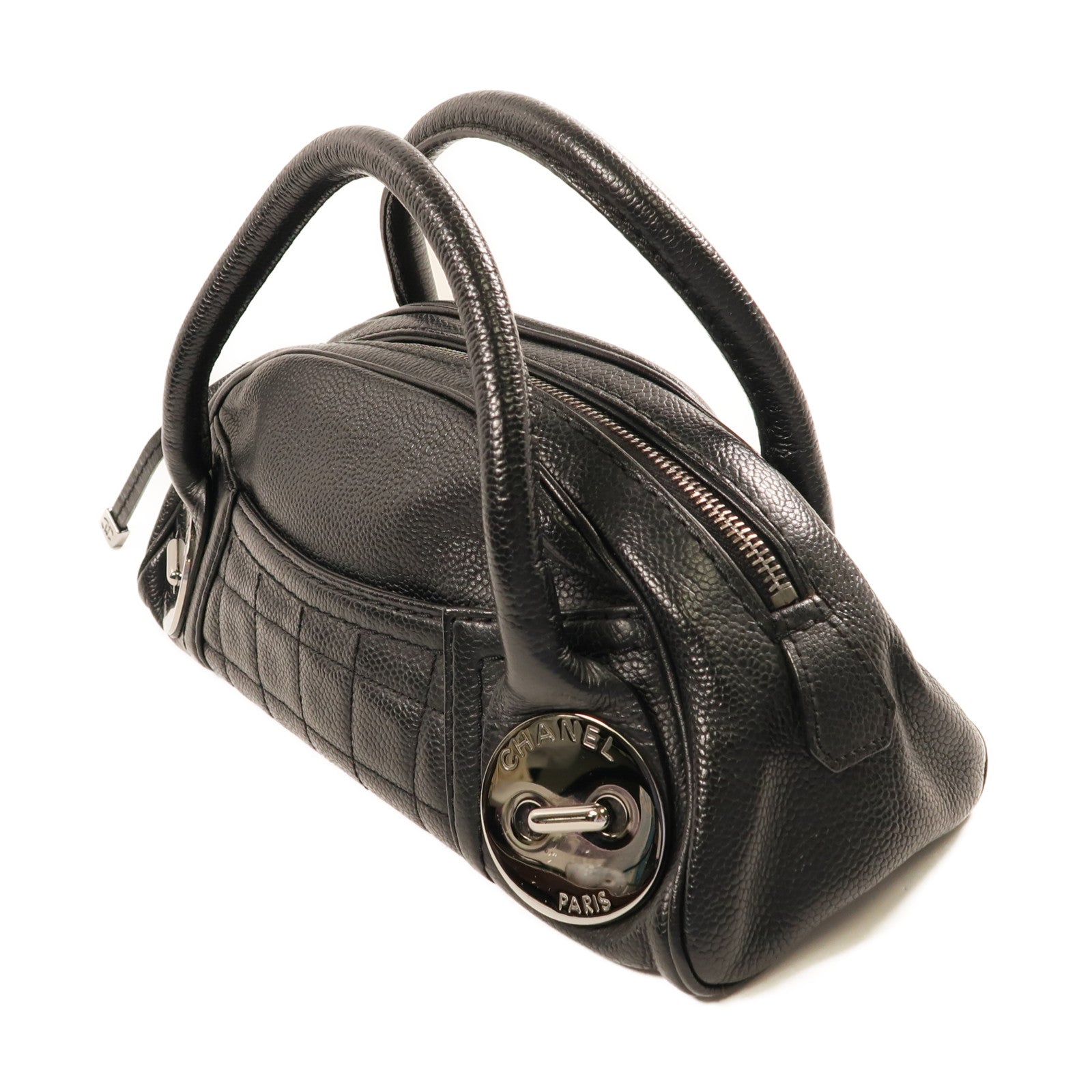 CHANEL 牛皮皮革Handbag銀扣手挽袋黑色