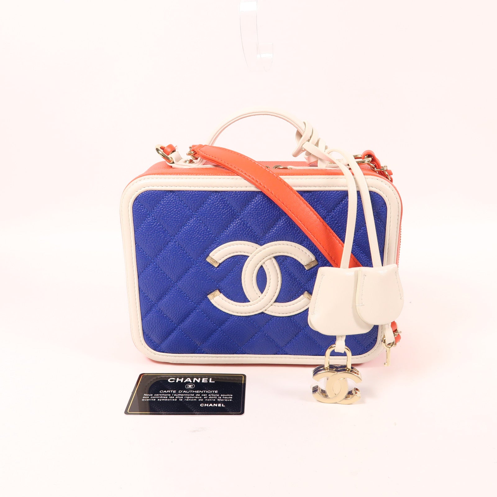 CHANEL 【激減優惠】牛皮皮革Vanity Case金扣鏈帶手挽肩背兩用袋