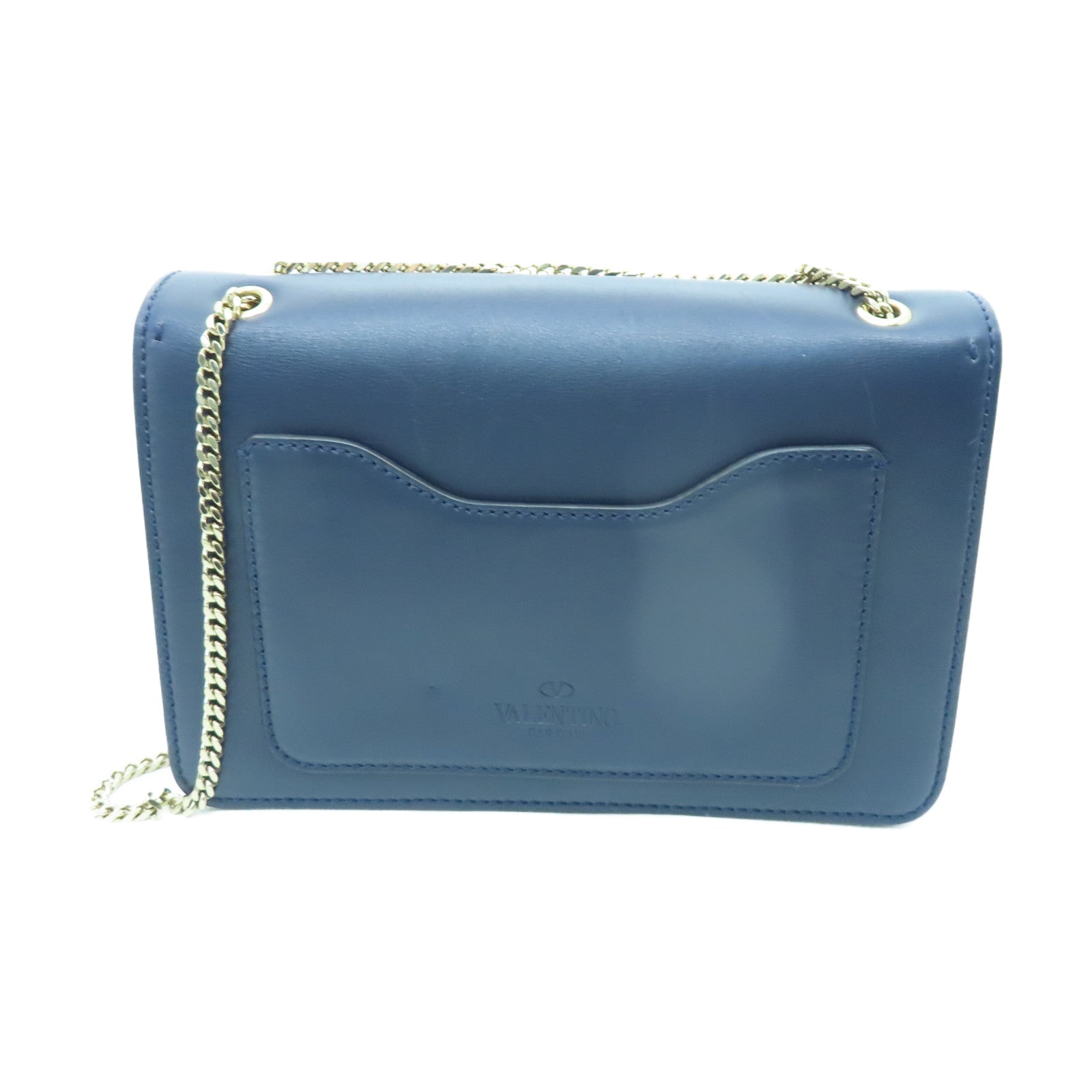Valentino 【激減優惠】羊皮皮革Chain Shoulder金扣鏈帶肩背袋海軍藍色