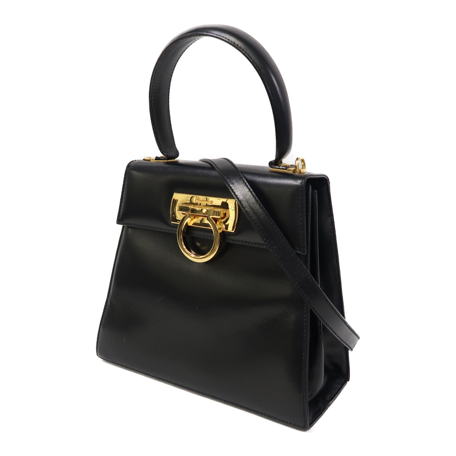 Salvatore Ferragamo 牛皮皮革Small Top Handle金扣手挽肩背兩用袋黑色