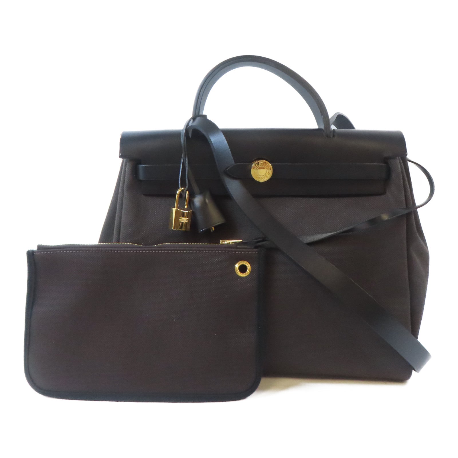 HERMES 帆布Herbag PM金扣手挽肩背兩用袋啡色