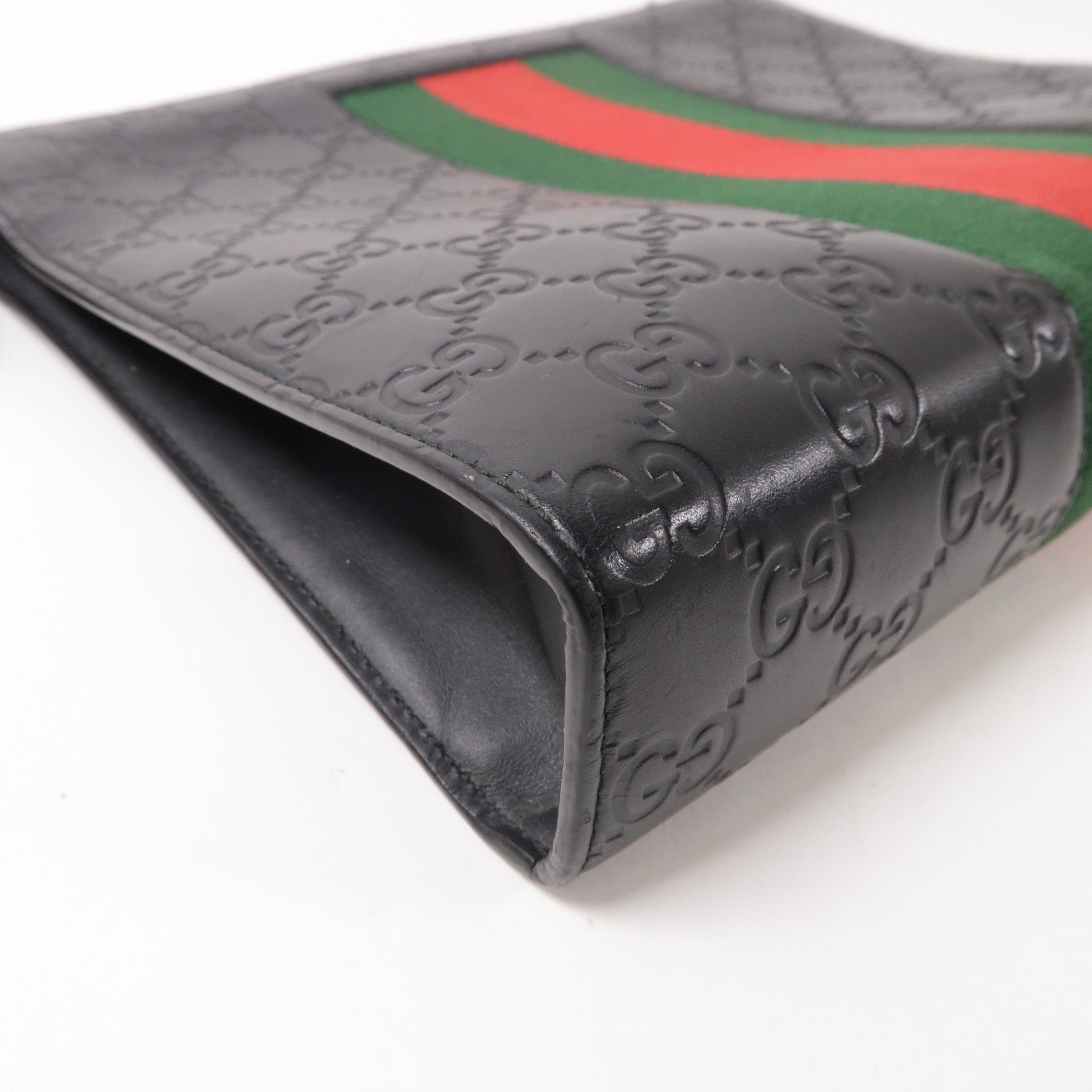 GUCCI 牛皮皮革GG Supreme Web Pouch銀扣手拿包黑色