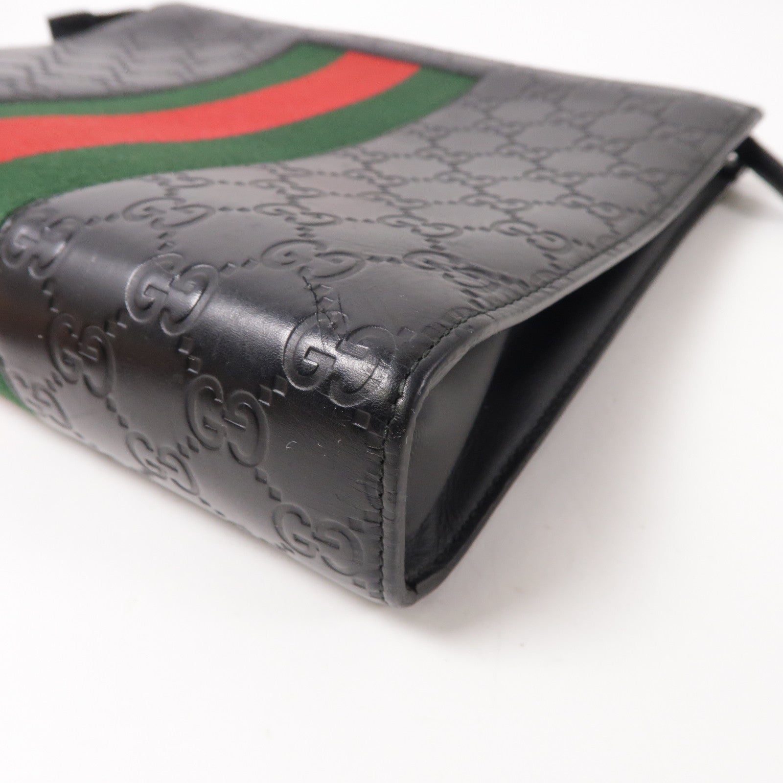 GUCCI 牛皮皮革GG Supreme Web Pouch銀扣手拿包黑色