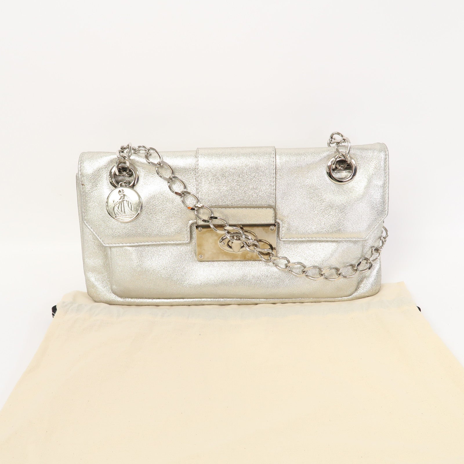 LANVIN 牛皮皮革Chain Bag鏈帶肩背袋銀色