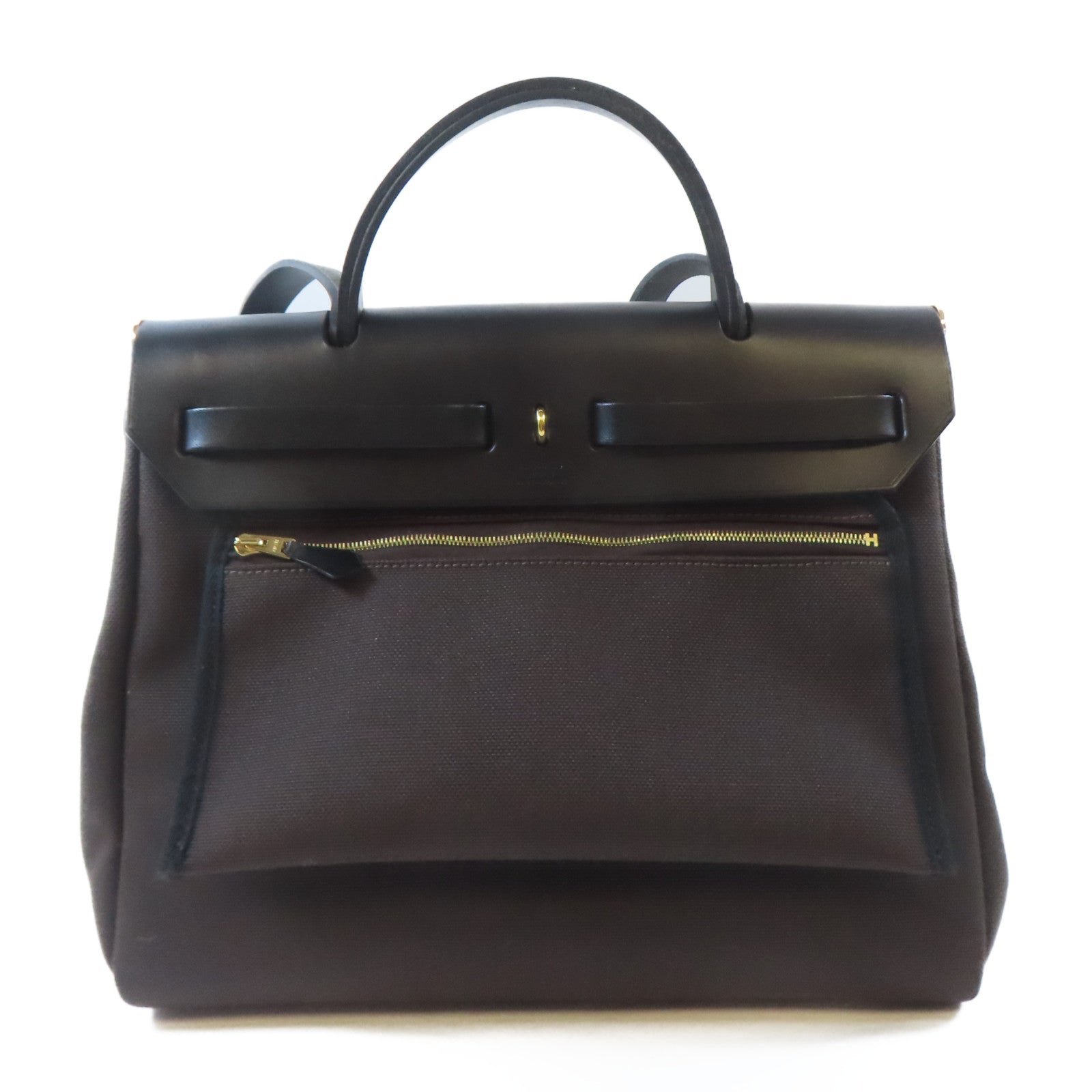 HERMES 帆布Herbag PM金扣手挽肩背兩用袋啡色