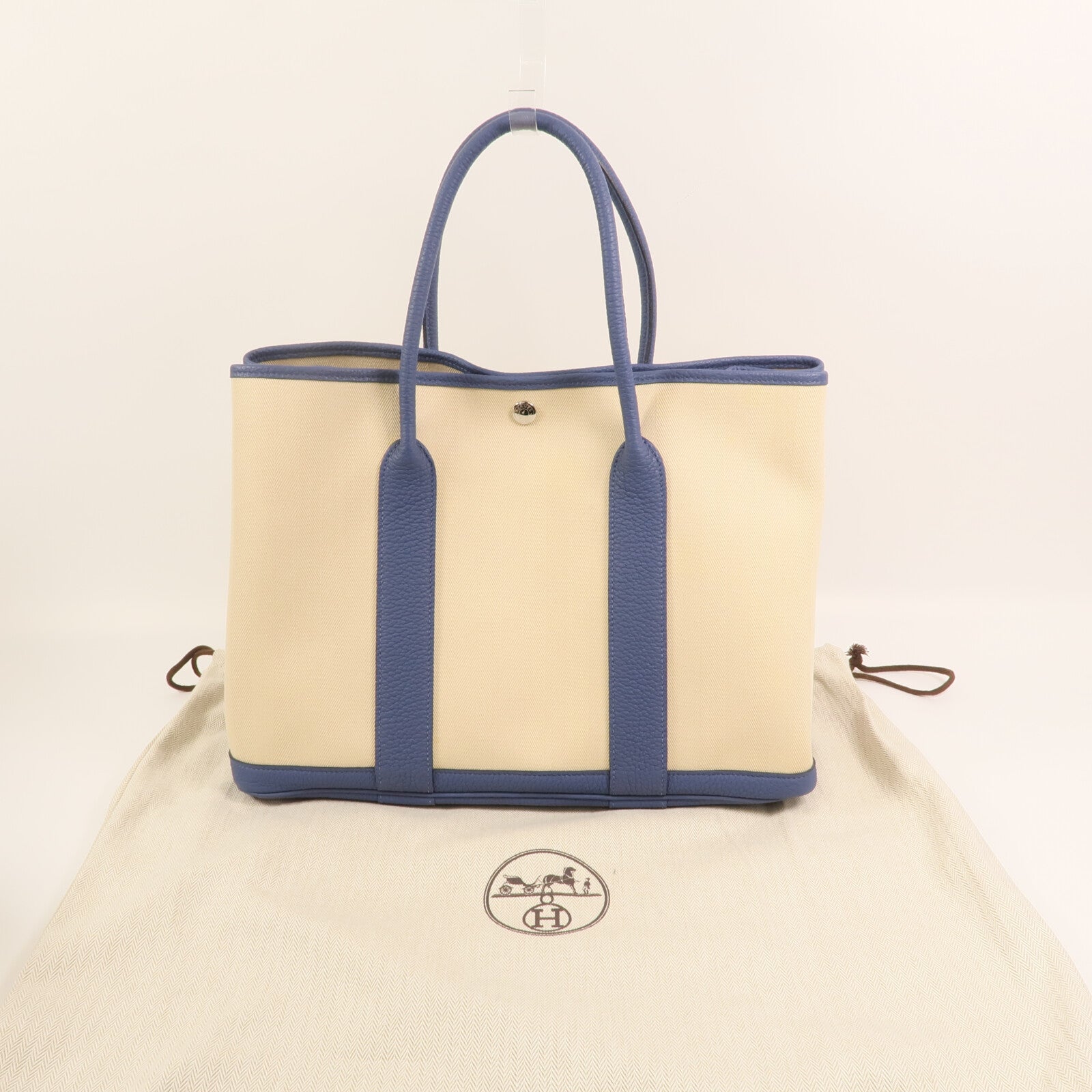 HERMES 帆布Garden Party PM銀扣手挽袋Bleu Brighton