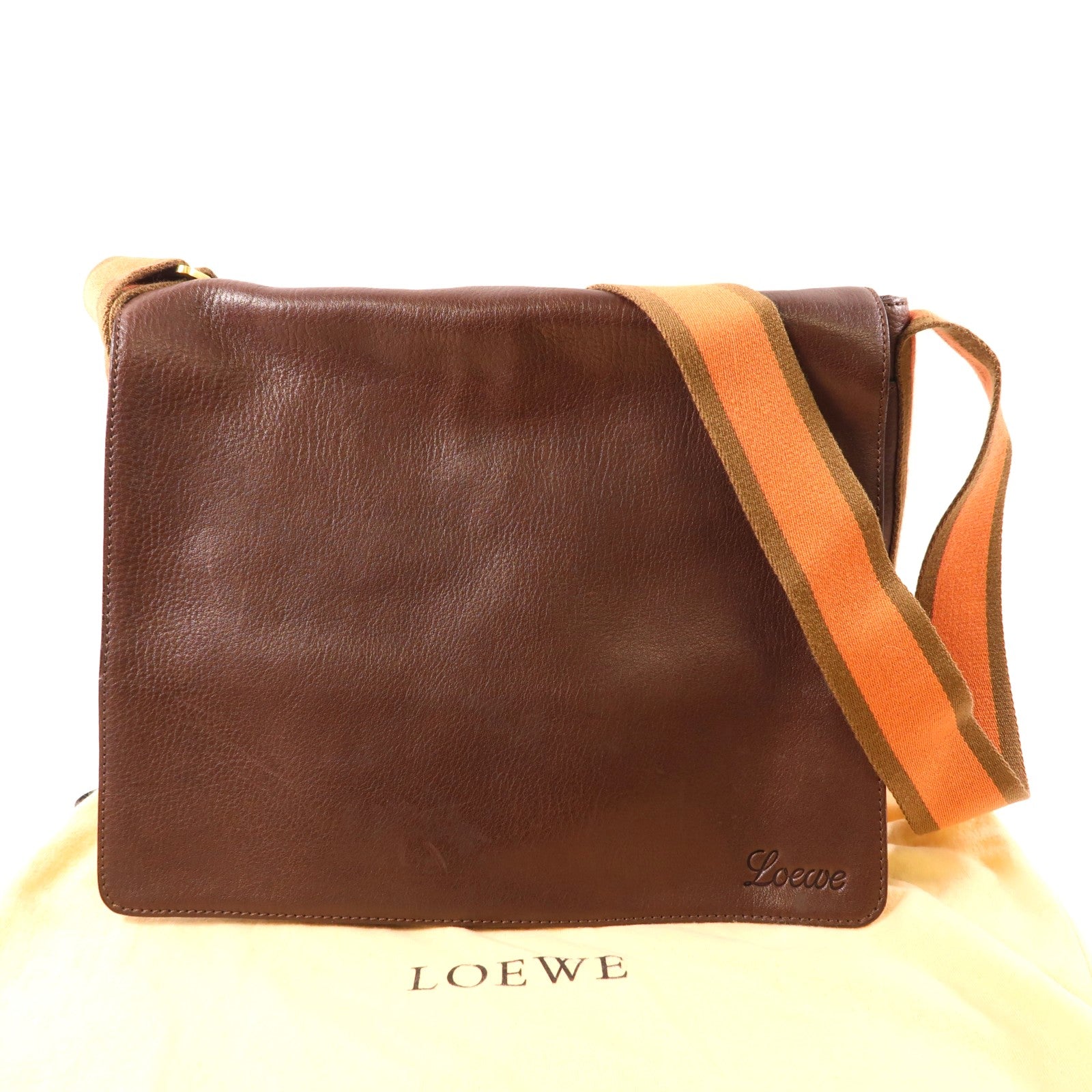 LOEWE 牛皮皮革Messenger Bag金扣斜挎包棕色