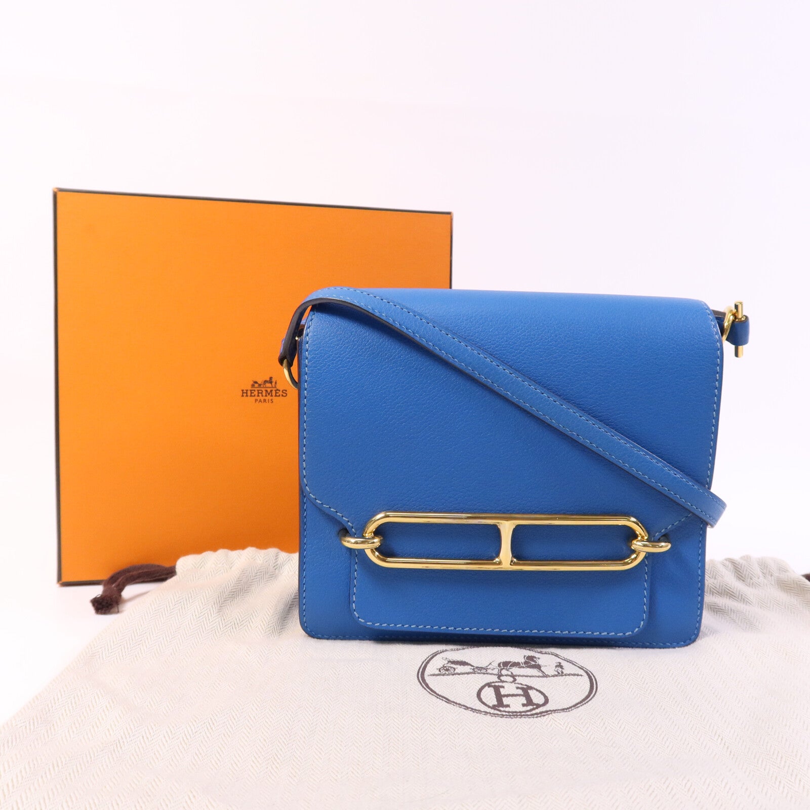 HERMES Evercolor皮革Mini Roulis金扣肩背袋Blue Zanzibar