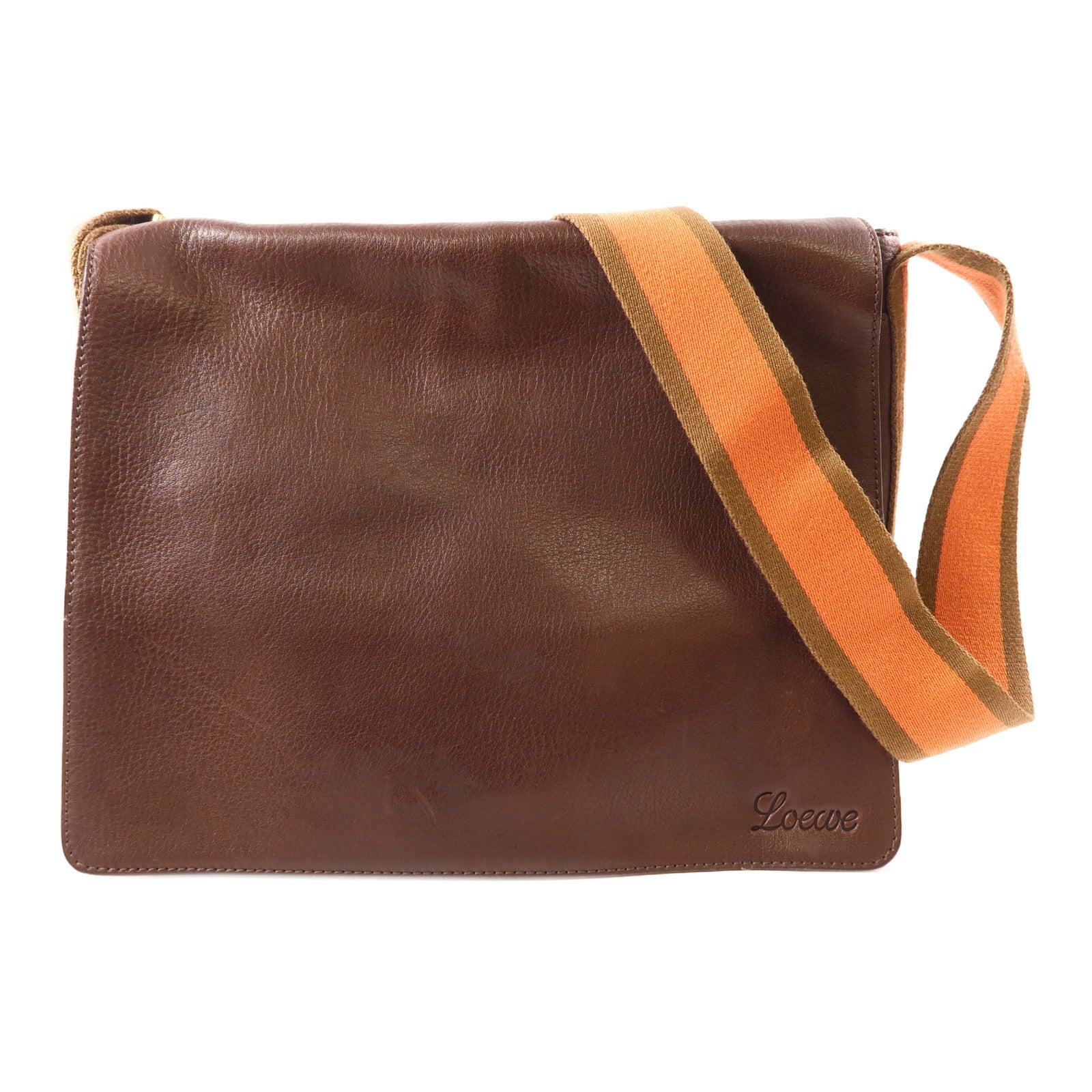 LOEWE 牛皮皮革Messenger Bag金扣斜挎包棕色