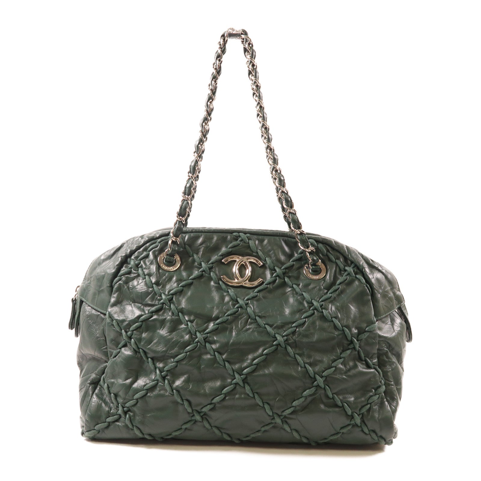 CHANEL 牛皮皮革Shoulder Bag銀扣鏈帶肩背袋綠色