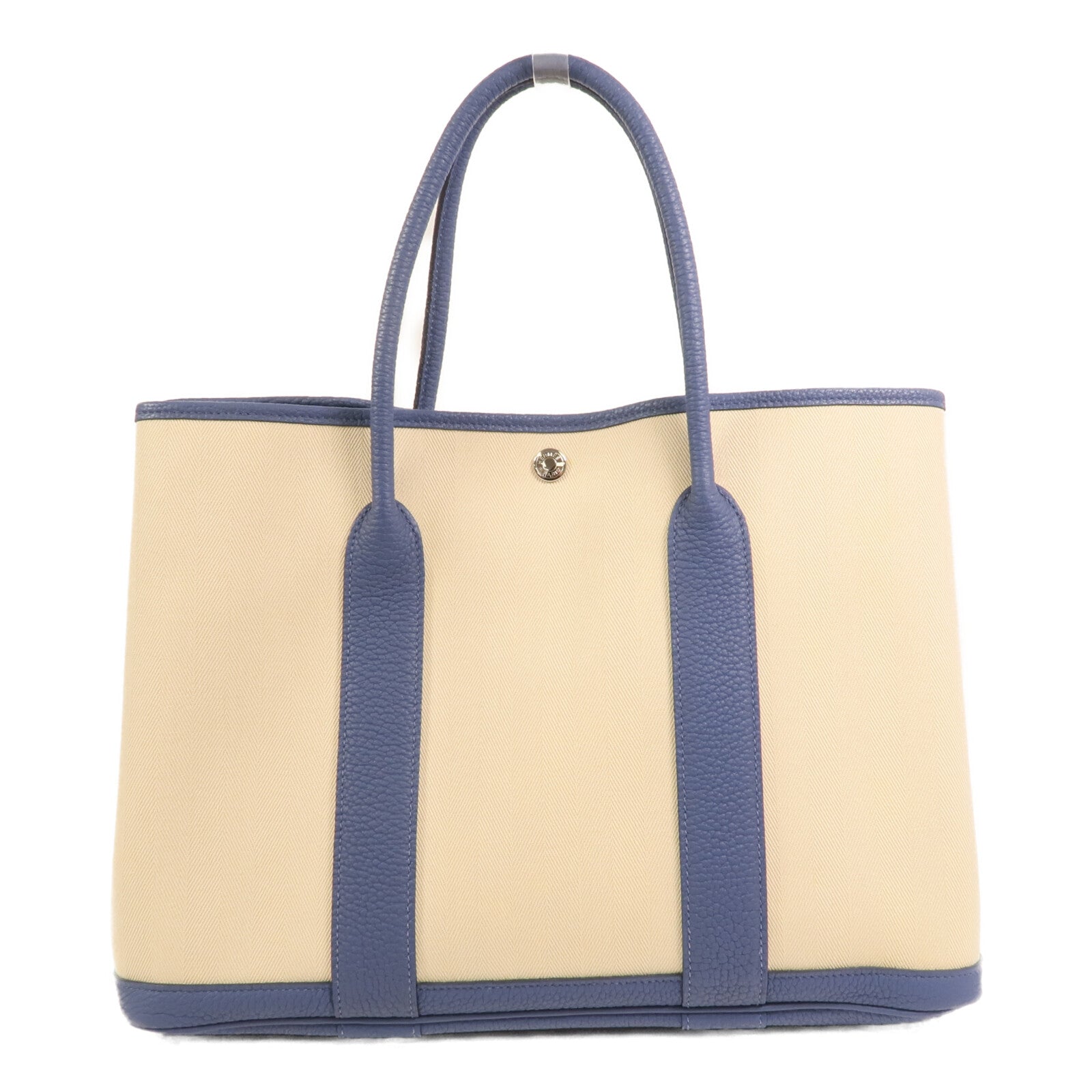 HERMES 帆布Garden Party PM銀扣手挽袋Bleu Brighton