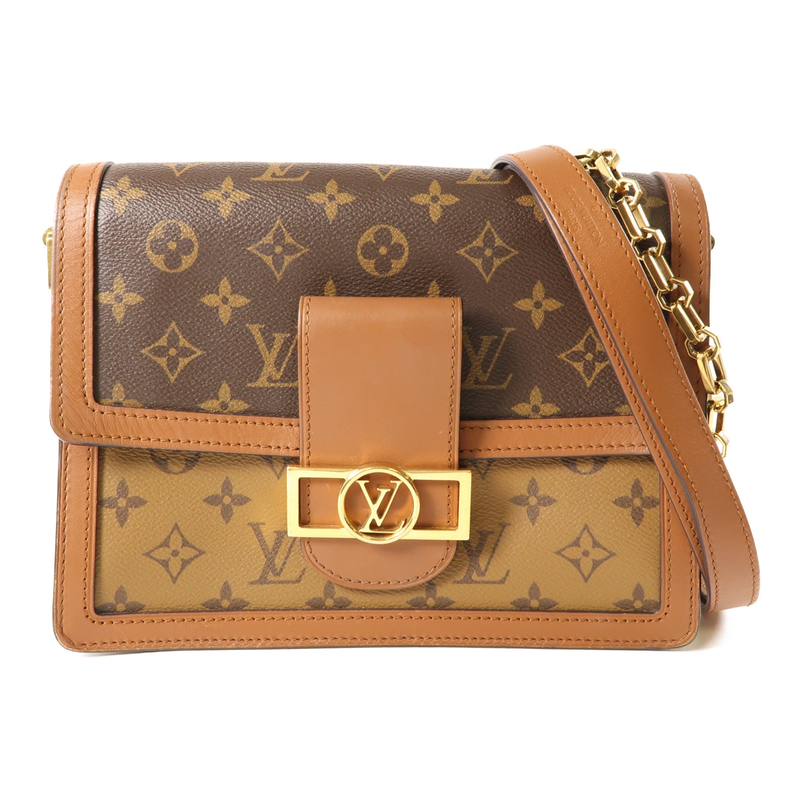 LOUIS VUITTON Monogram/Monogram Reverse Dauphine MM金扣手挽肩背兩用袋棕色