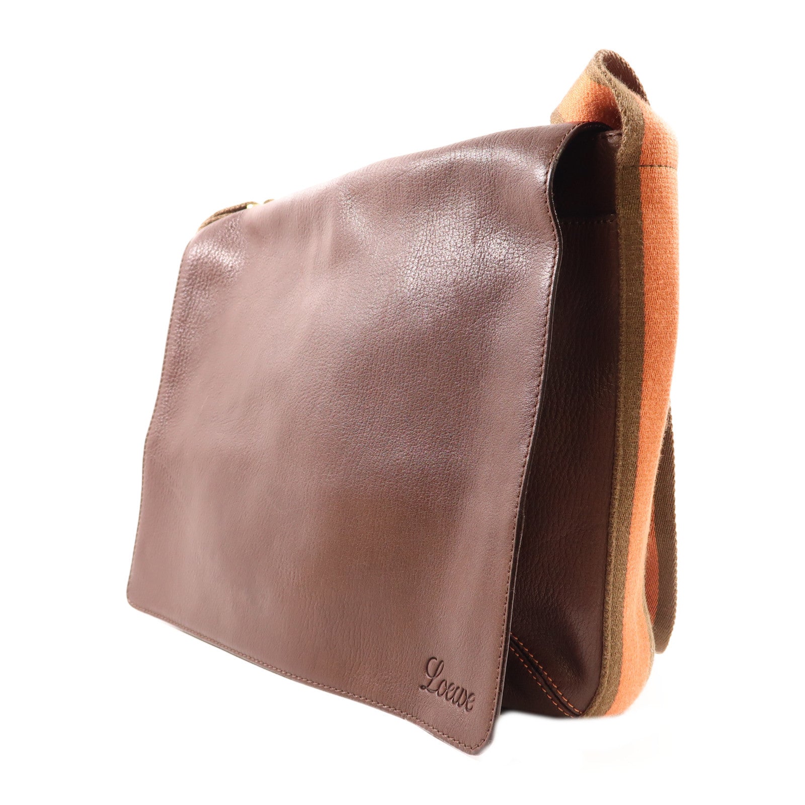 LOEWE 牛皮皮革Messenger Bag金扣斜挎包棕色