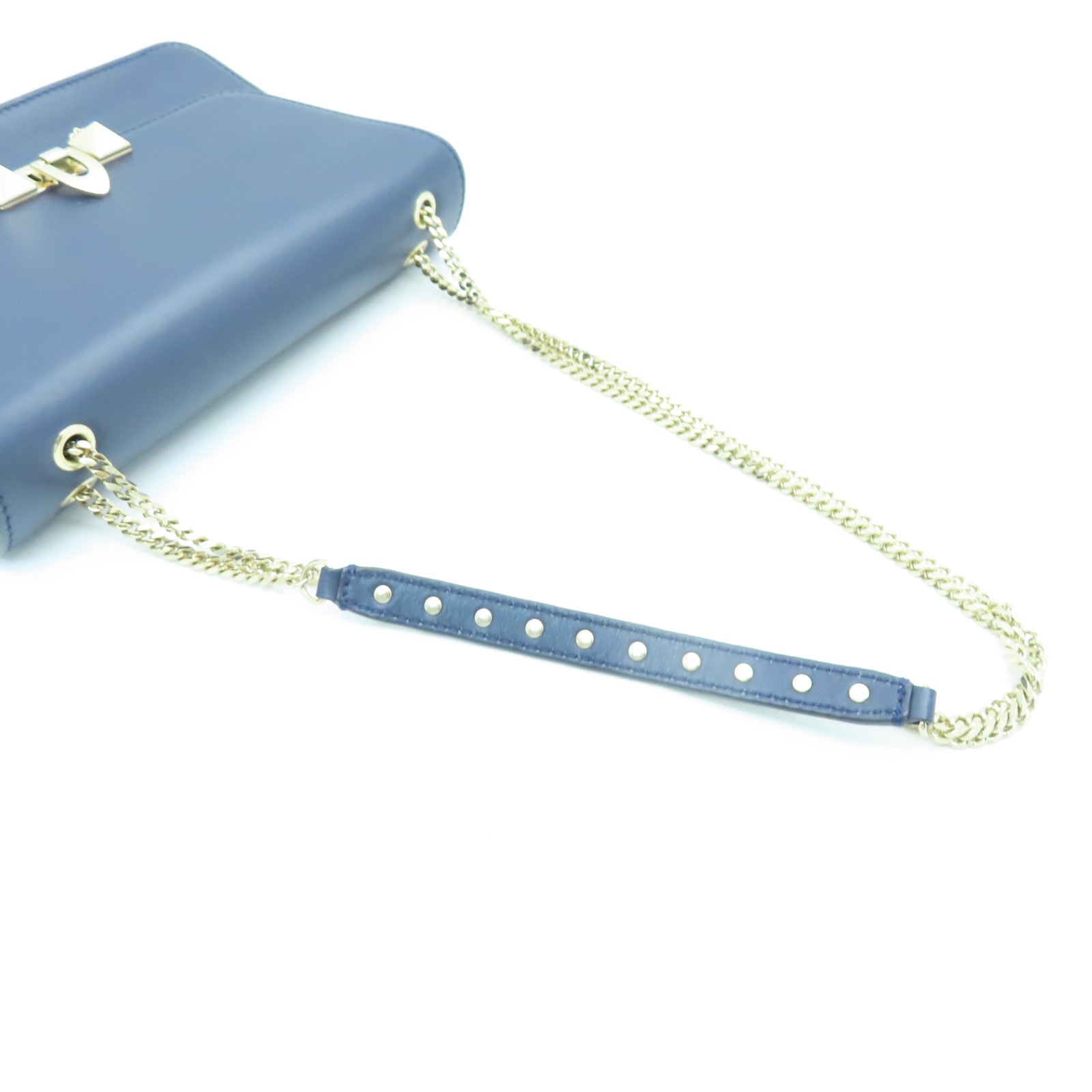 Valentino 【激減優惠】羊皮皮革Chain Shoulder金扣鏈帶肩背袋海軍藍色