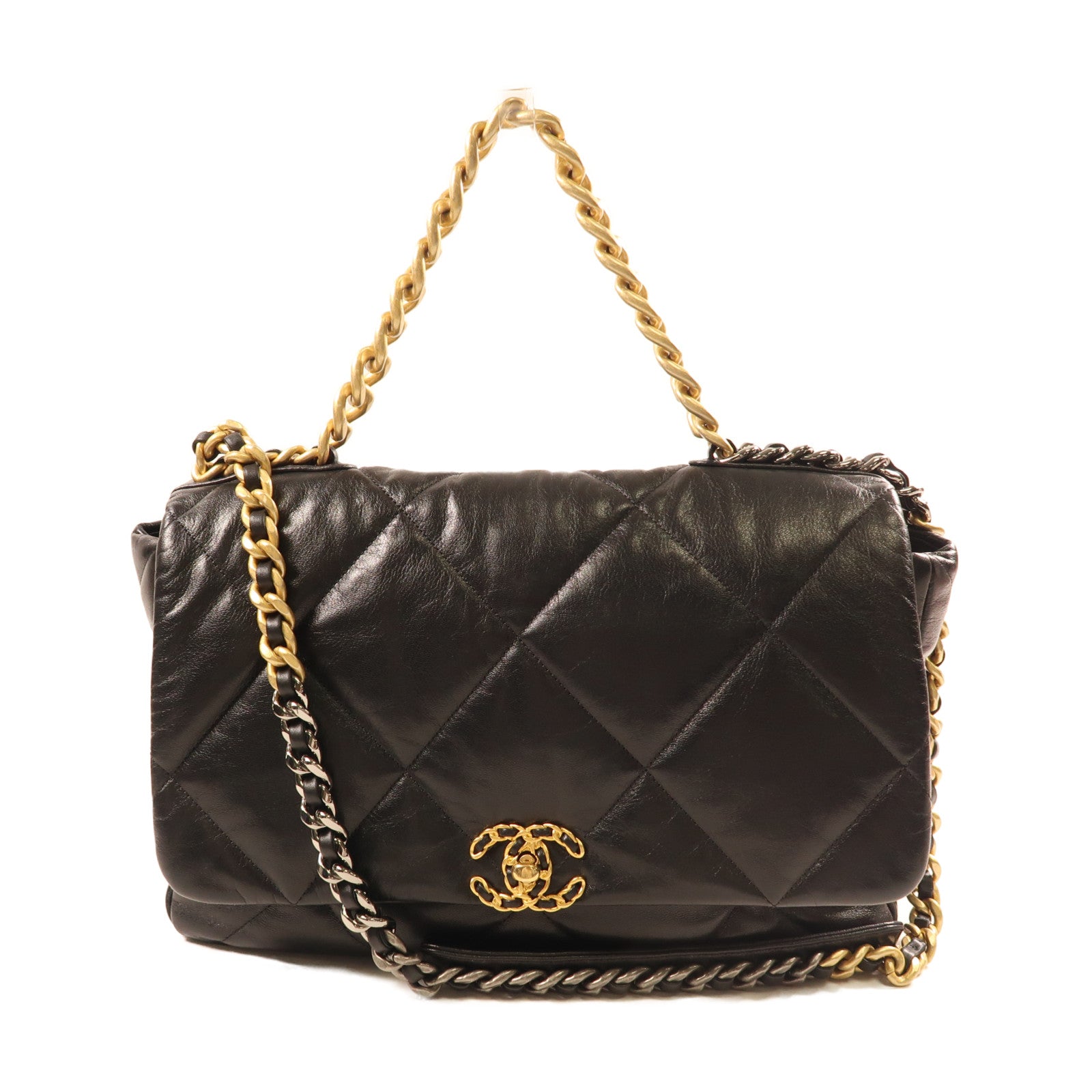 CHANEL 羊皮皮革Chanel 19 Maxi金扣/銀扣鏈帶手挽肩背兩用袋黑色
