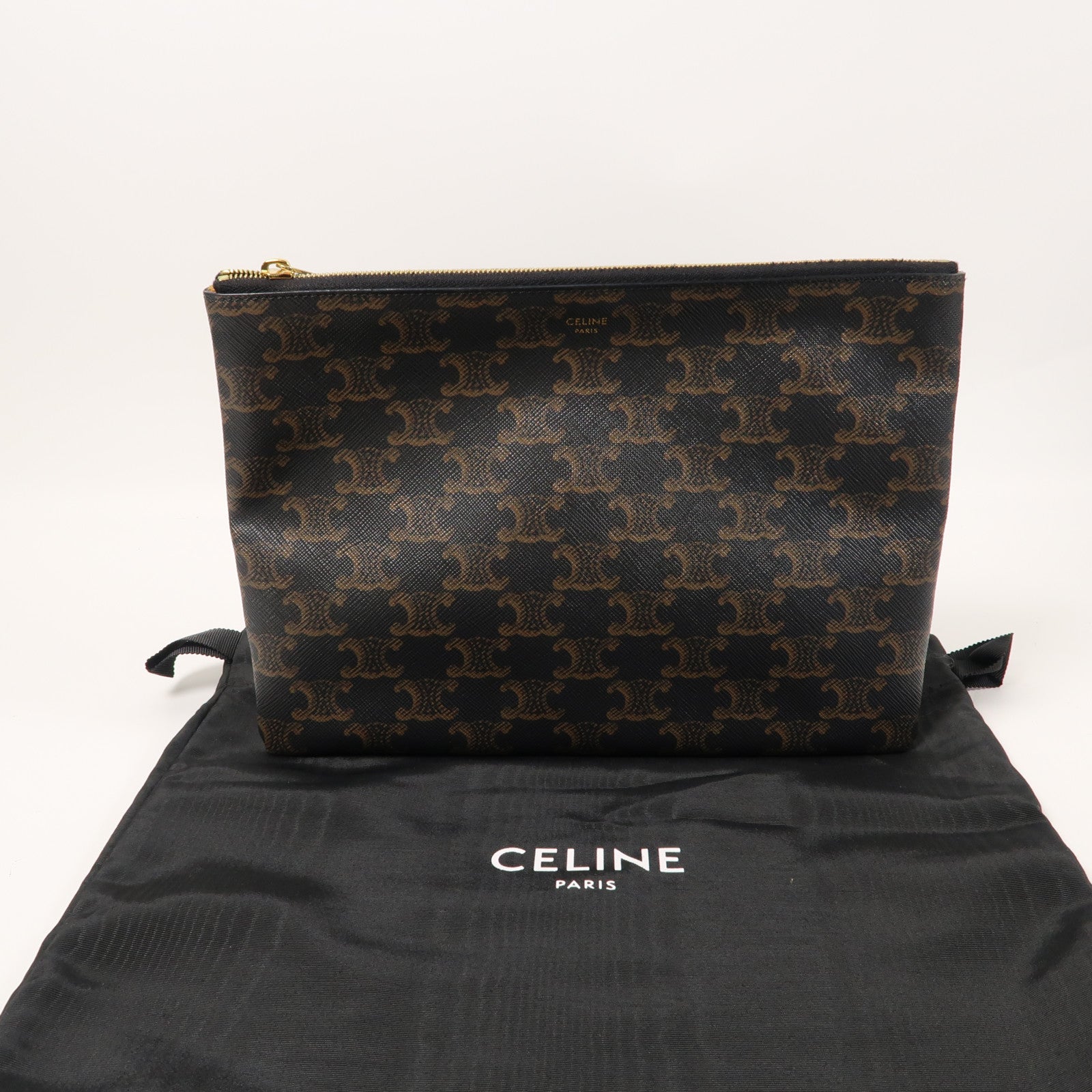 CELINE Triomphe帆布Pouch金扣手拿包黑色/啡色