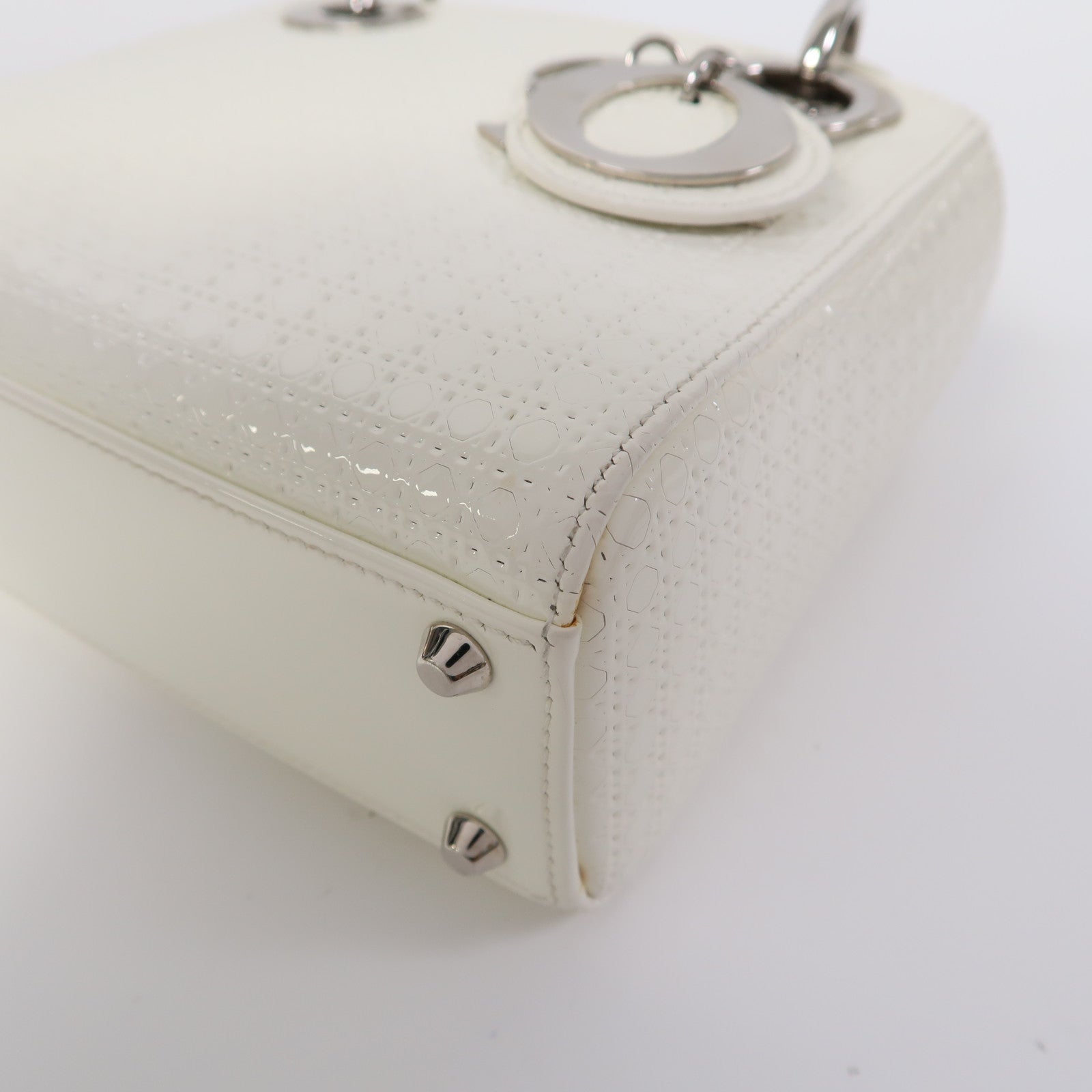 Dior 漆皮皮革Mini Lady Dior銀扣手挽肩背兩用袋白色