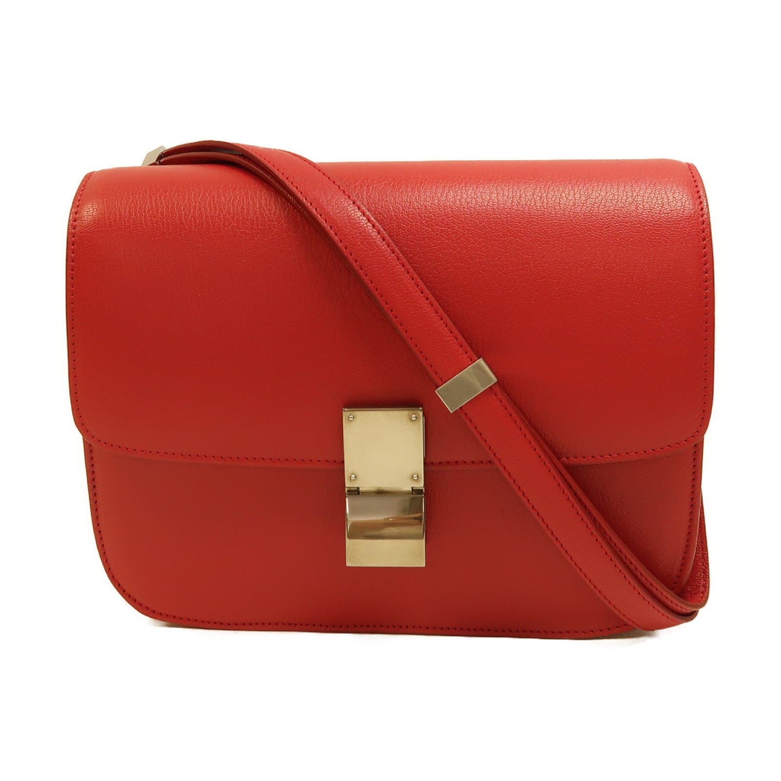 CELINE 【激減優惠】牛皮皮革Classic Box銀扣肩背袋紅色