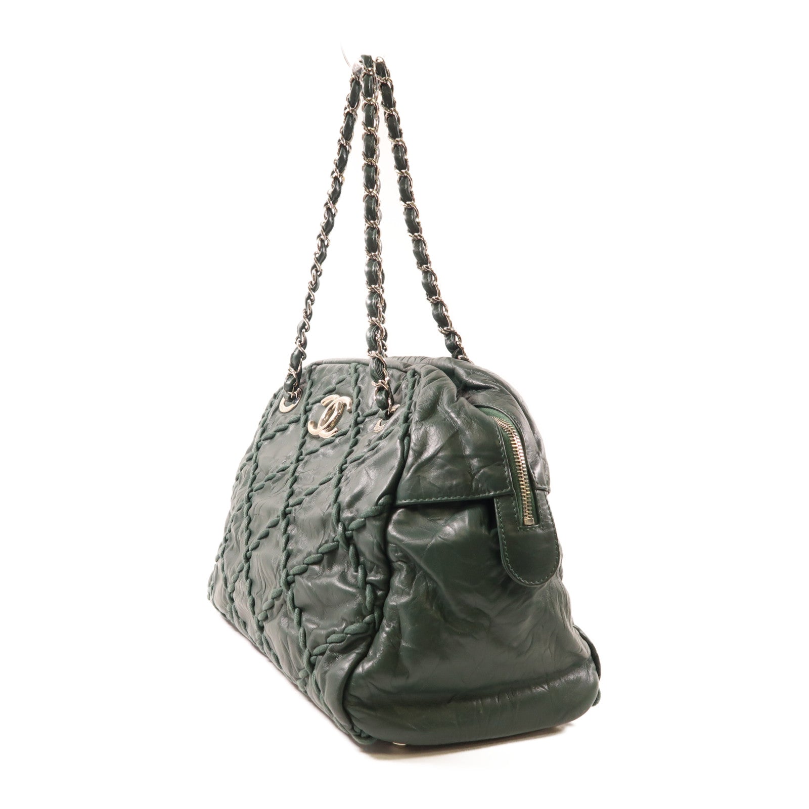 CHANEL 牛皮皮革Shoulder Bag銀扣鏈帶肩背袋綠色