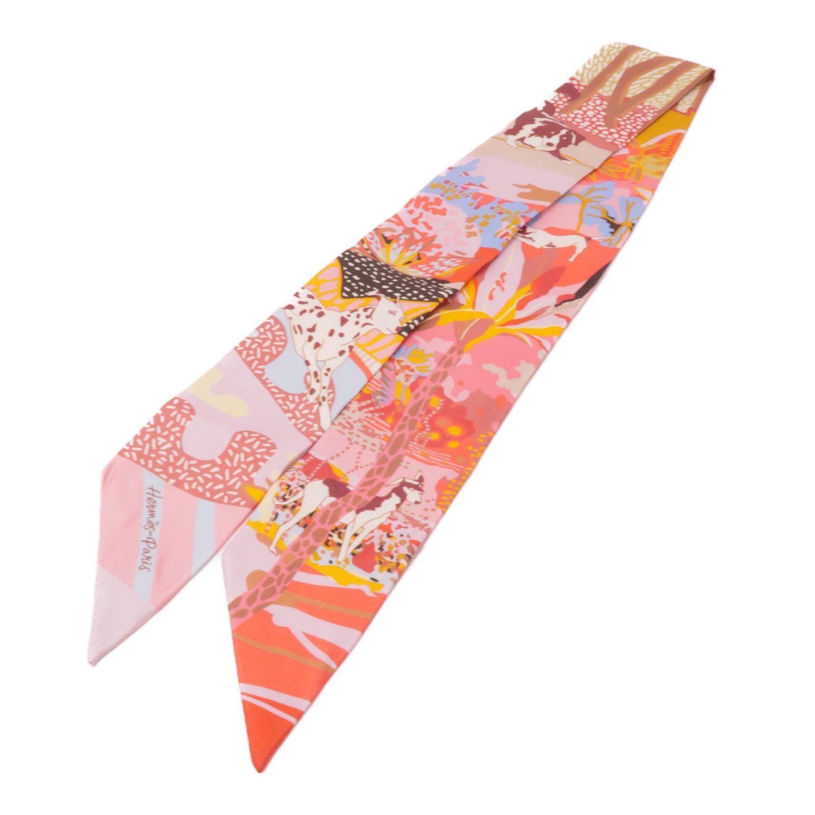 HERMES 絲質Twilly絲巾粉紅色/橙色