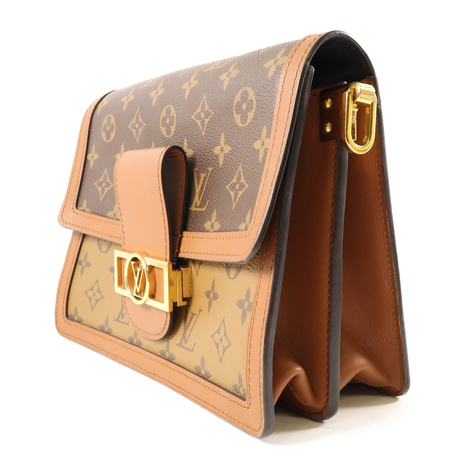 LOUIS VUITTON Monogram/Monogram Reverse Dauphine MM金扣手挽肩背兩用袋棕色