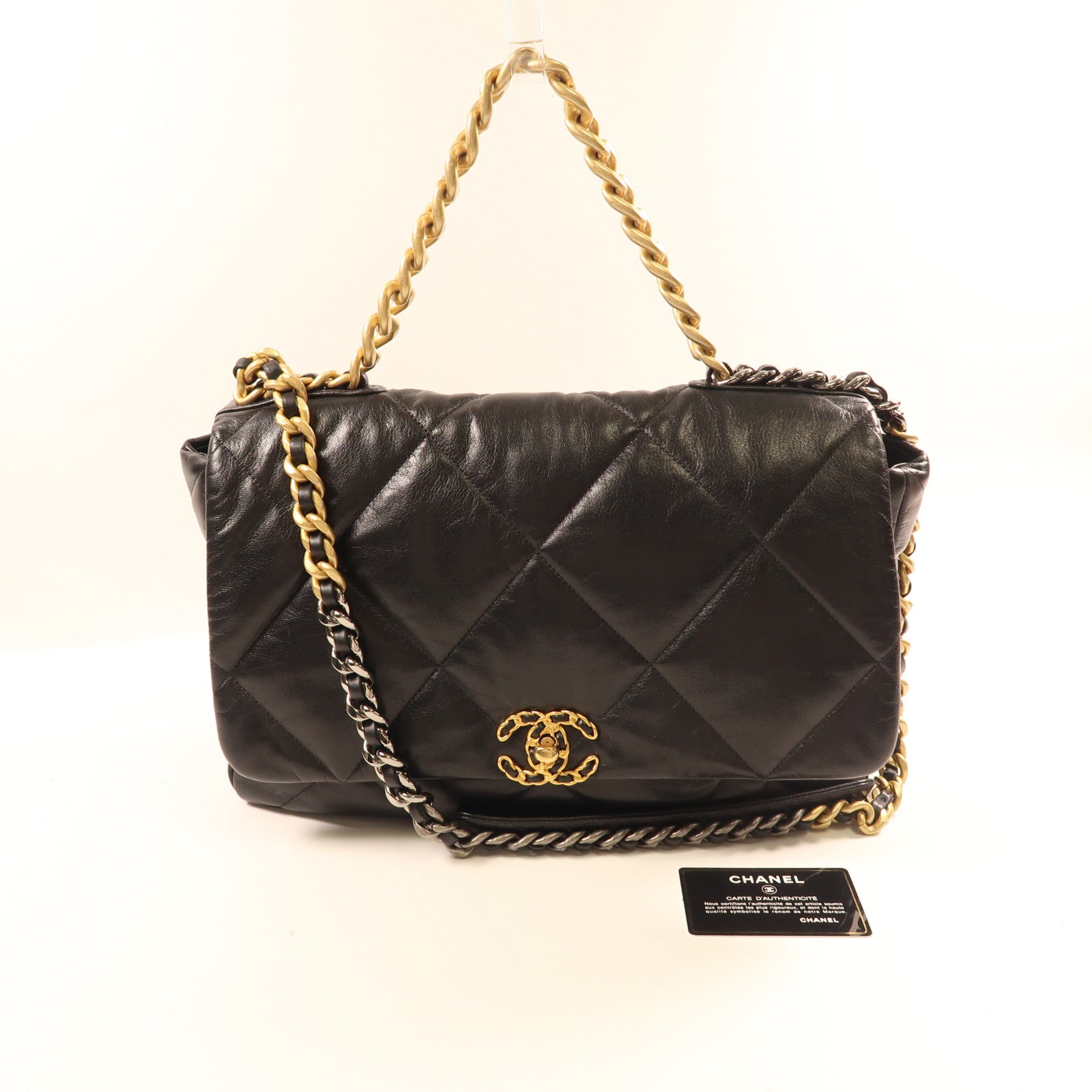 CHANEL 羊皮皮革Chanel 19 Maxi金扣/銀扣鏈帶手挽肩背兩用袋黑色