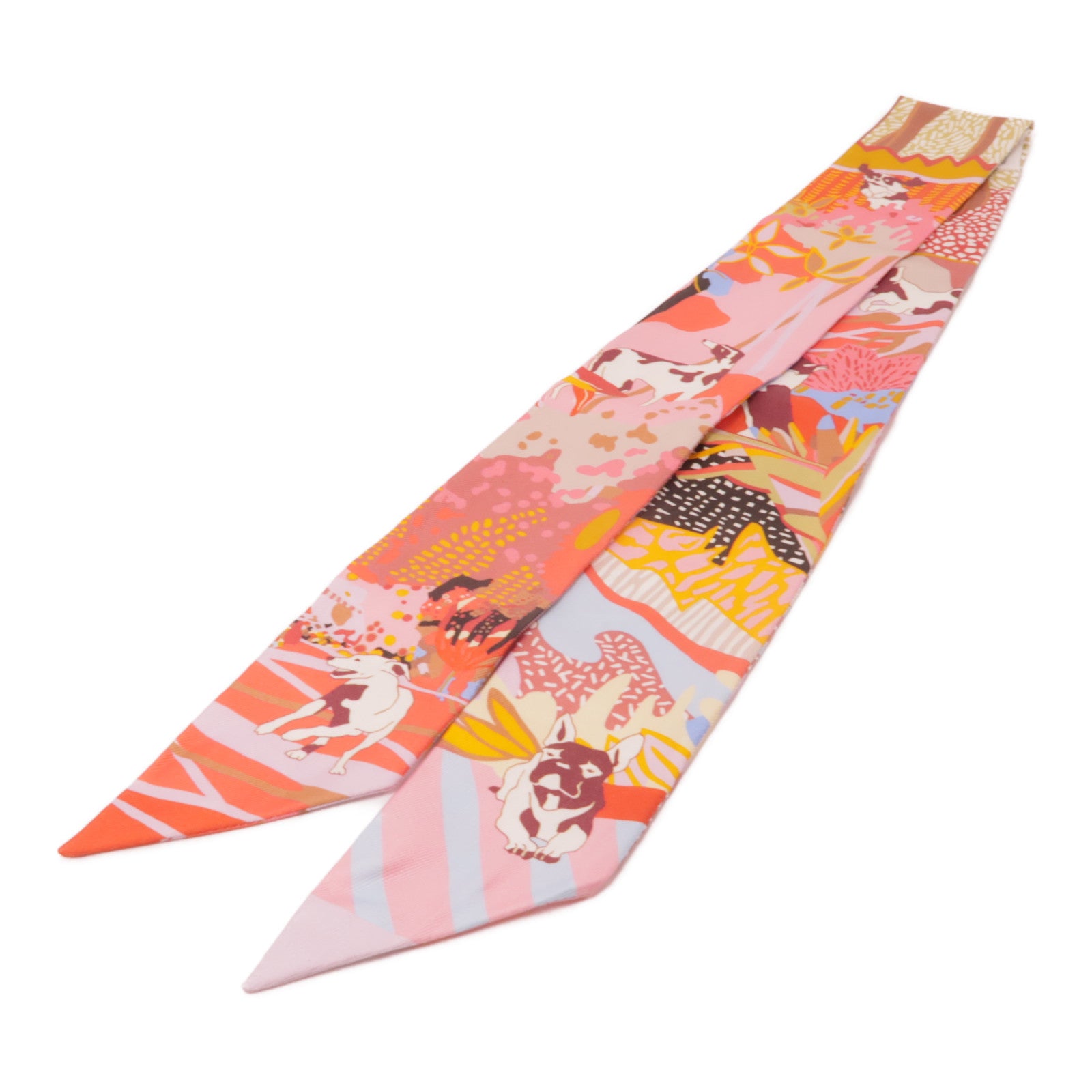 HERMES 絲質Twilly絲巾粉紅色/橙色