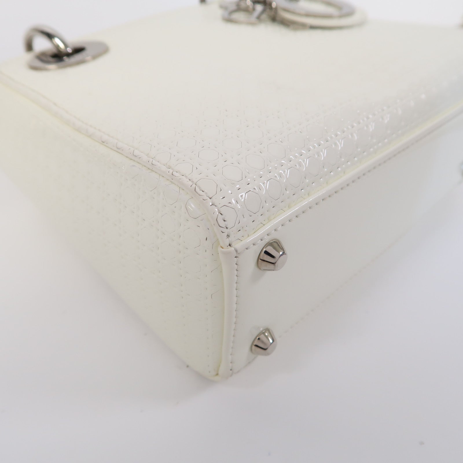 Dior 漆皮皮革Mini Lady Dior銀扣手挽肩背兩用袋白色