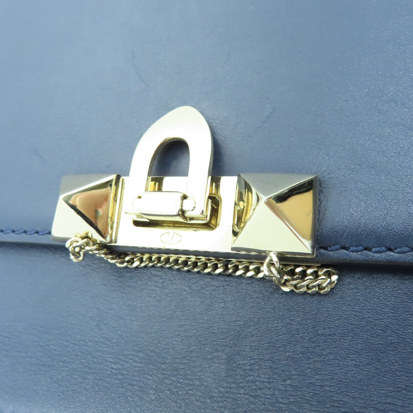 Valentino 【激減優惠】羊皮皮革Chain Shoulder金扣鏈帶肩背袋海軍藍色