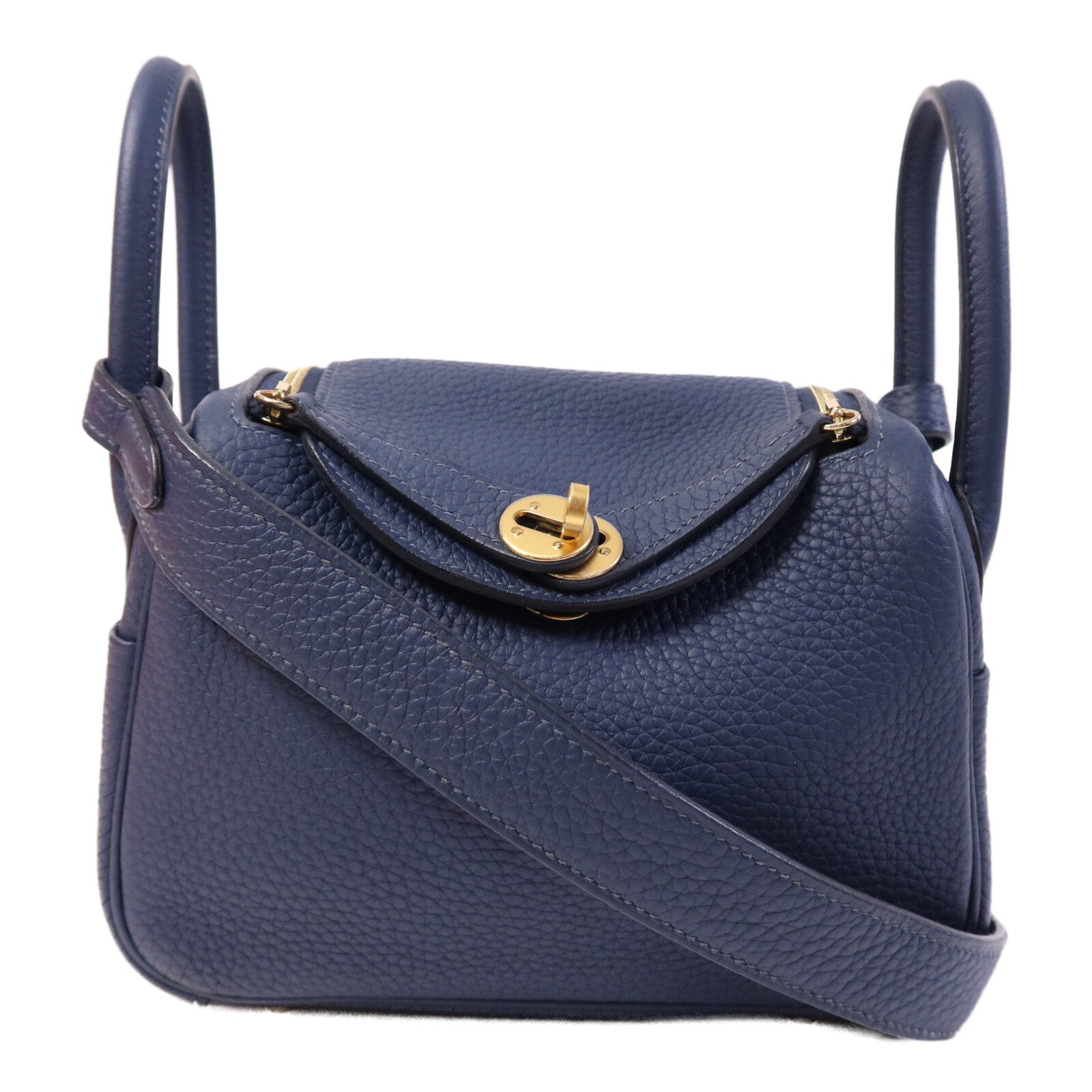 HERMES Clemence皮革Mini Lindy金扣手挽肩背兩用袋Bleu Nuit
