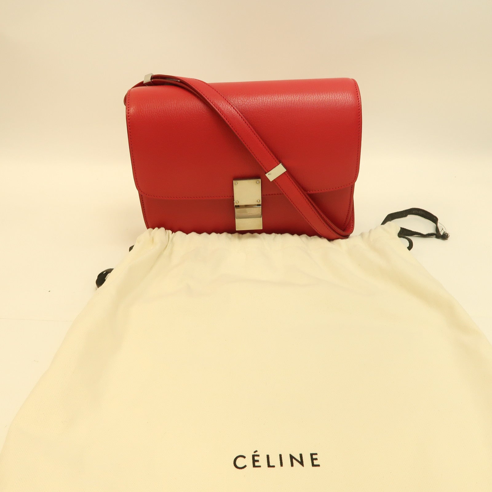 CELINE 【激減優惠】牛皮皮革Classic Box銀扣肩背袋紅色